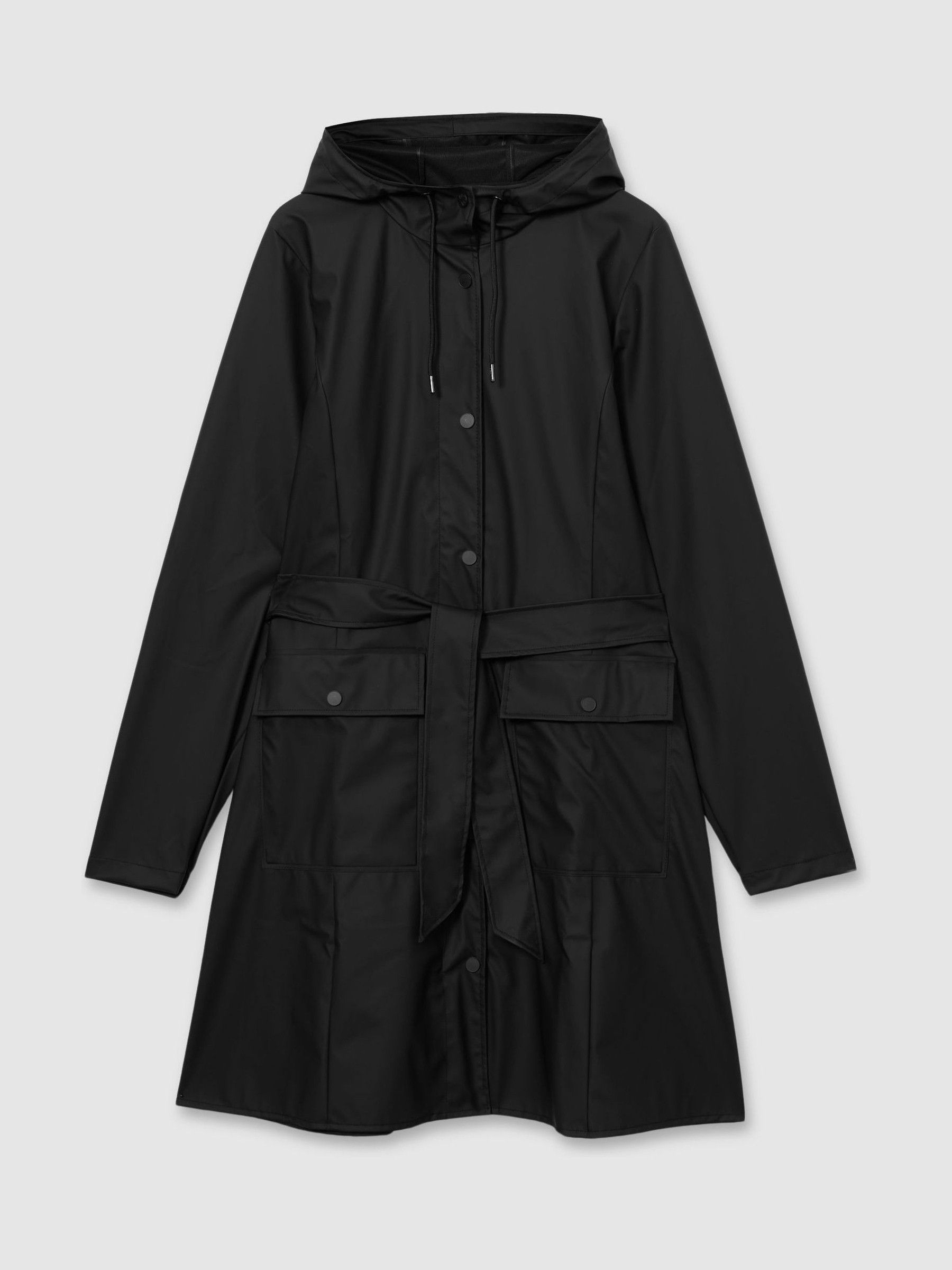 Rains Belted Black Raincoat in Black - Image 2 of 6