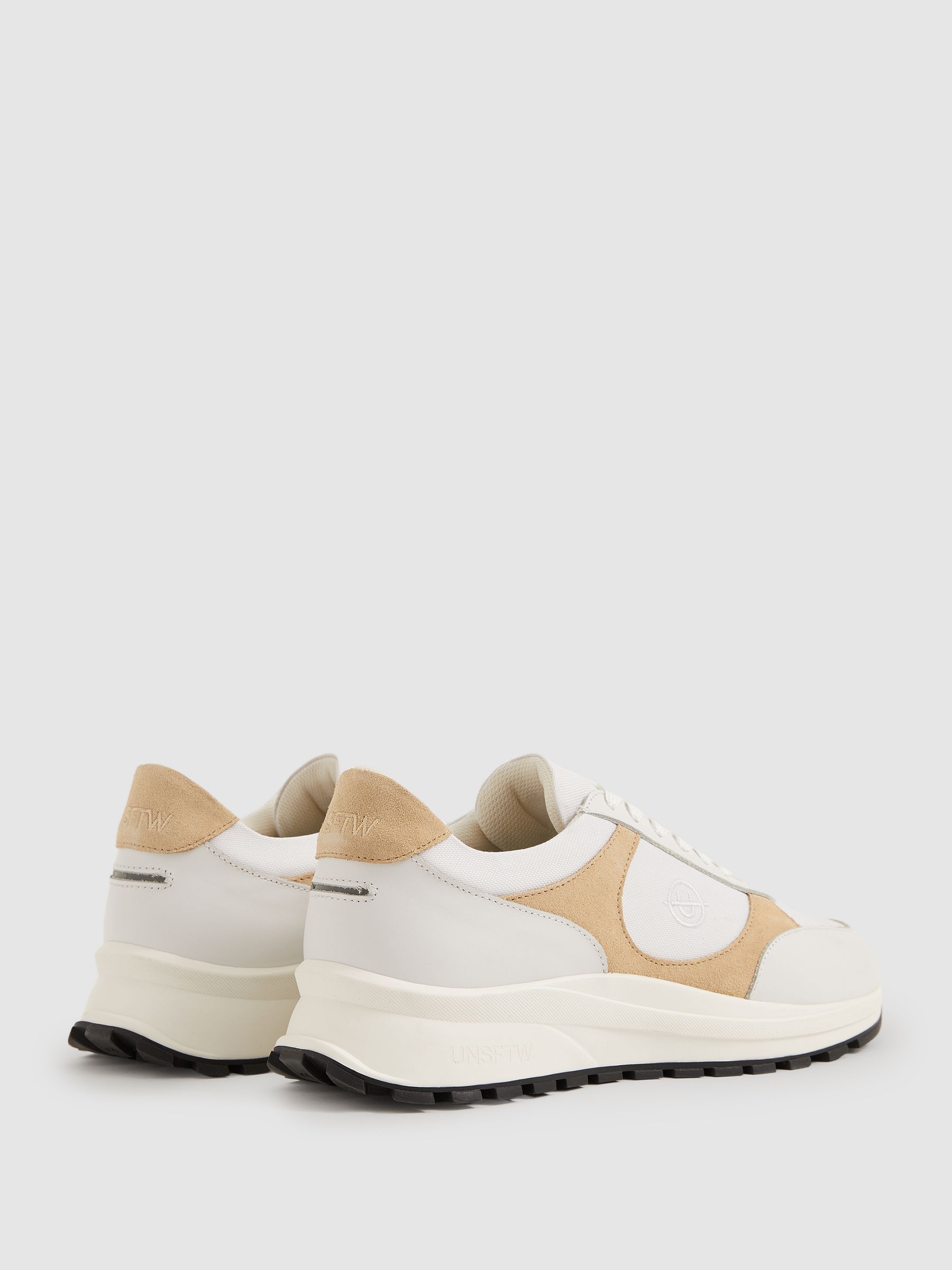 Unseen Suede Leather Colour-Block Trainers in White/Taupe - Image 3 of 4