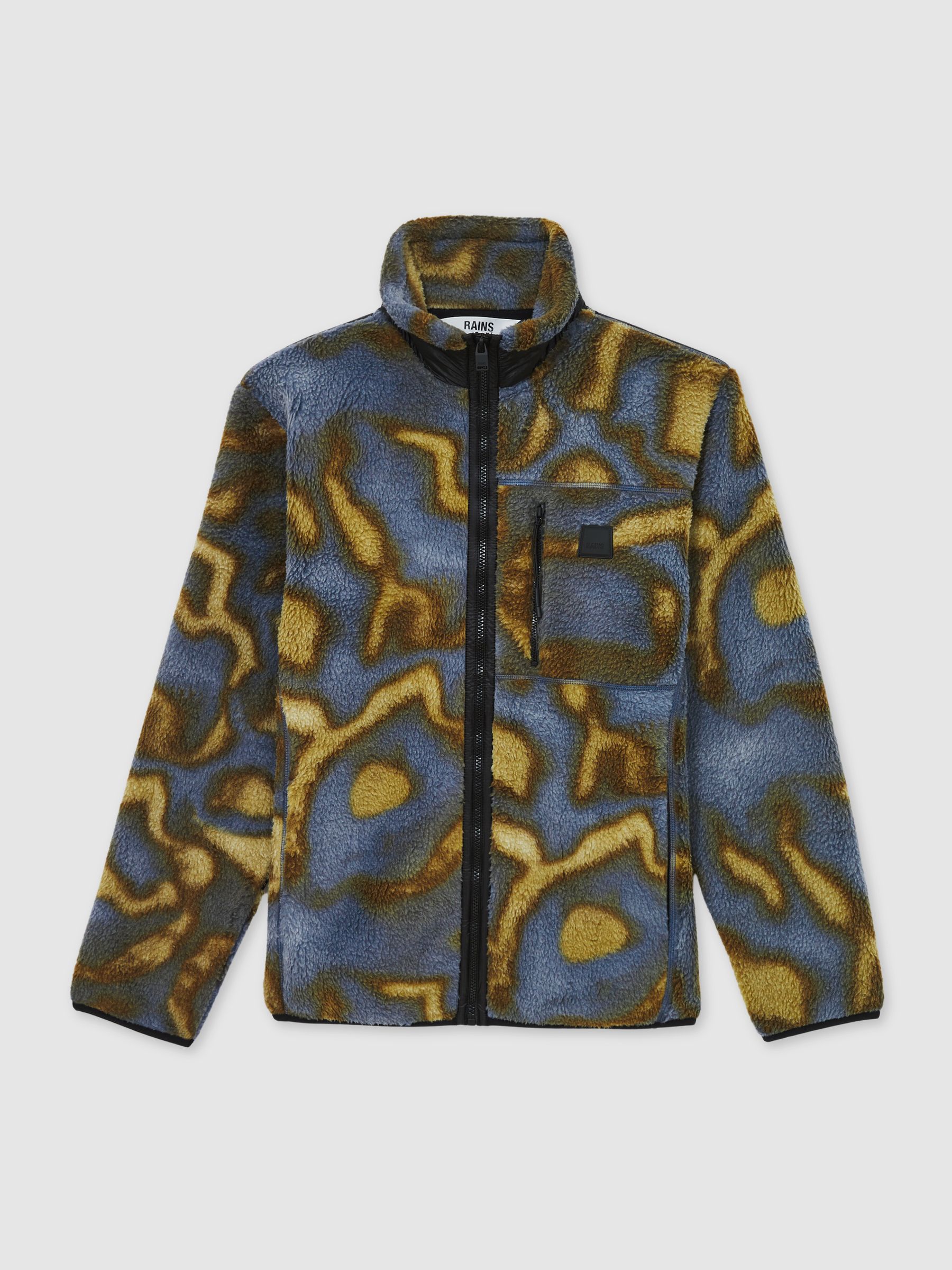 Rains Fleece Abstract Print Zip-Through Jacket in Black Multi - Image 2 of 6