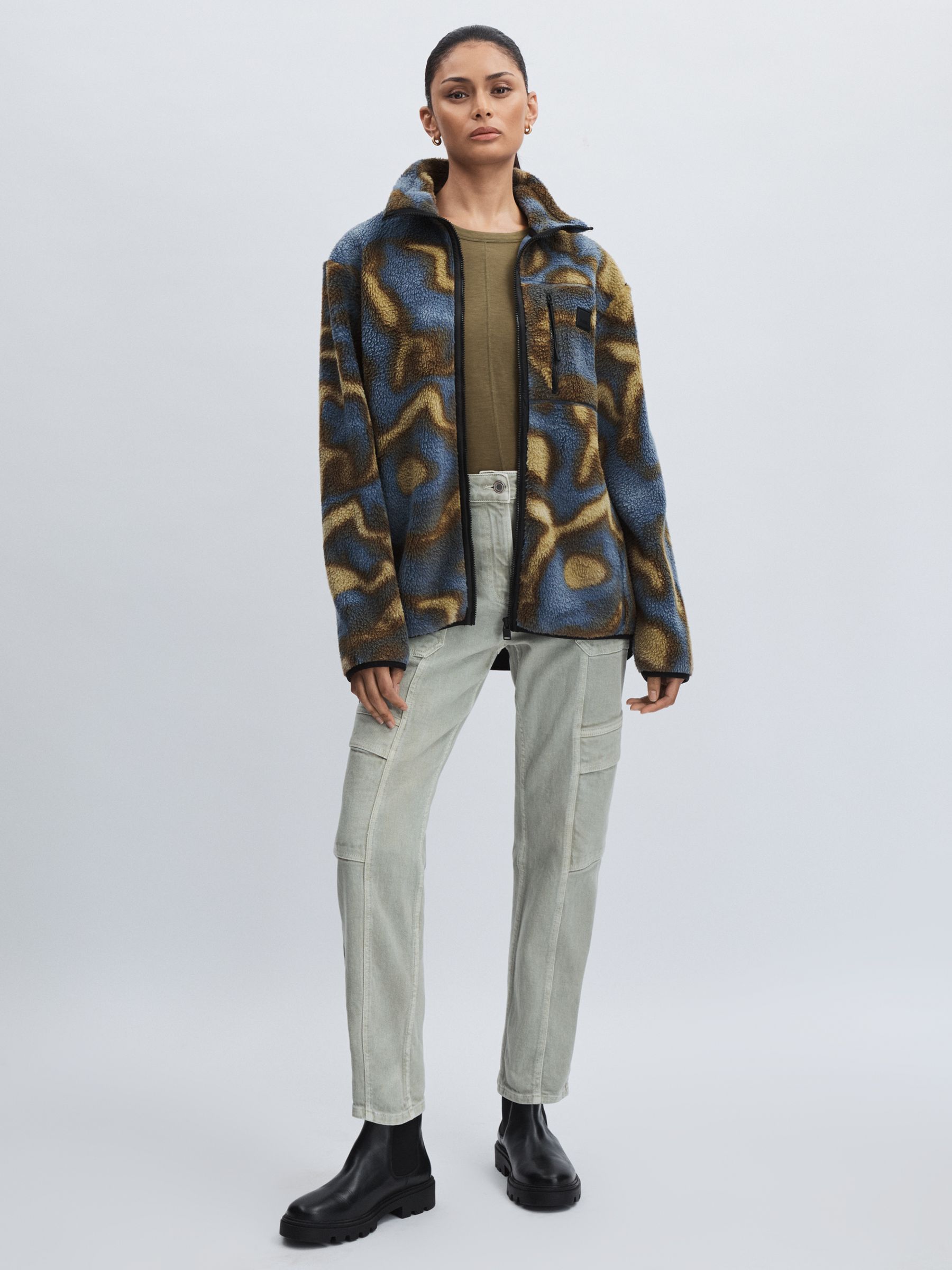 Rains Fleece Abstract Print Zip-Through Jacket in Black Multi - Image 3 of 6