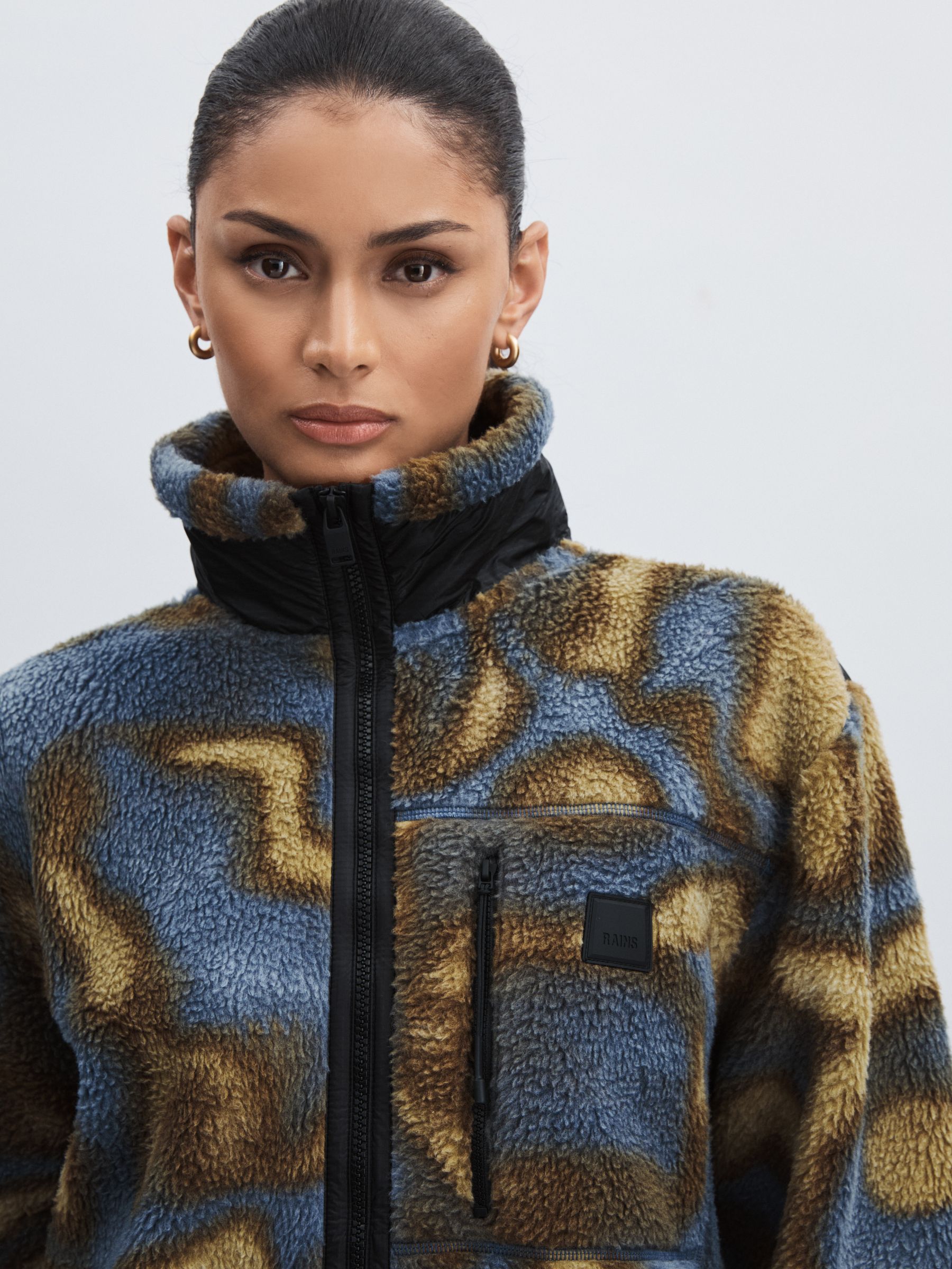 Rains Fleece Abstract Print Zip-Through Jacket in Black Multi - Image 4 of 6