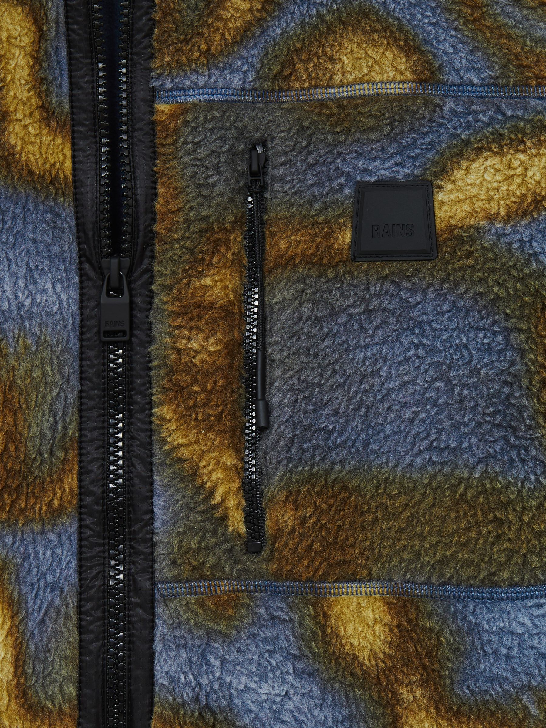 Rains Fleece Abstract Print Zip-Through Jacket in Black Multi - Image 6 of 6