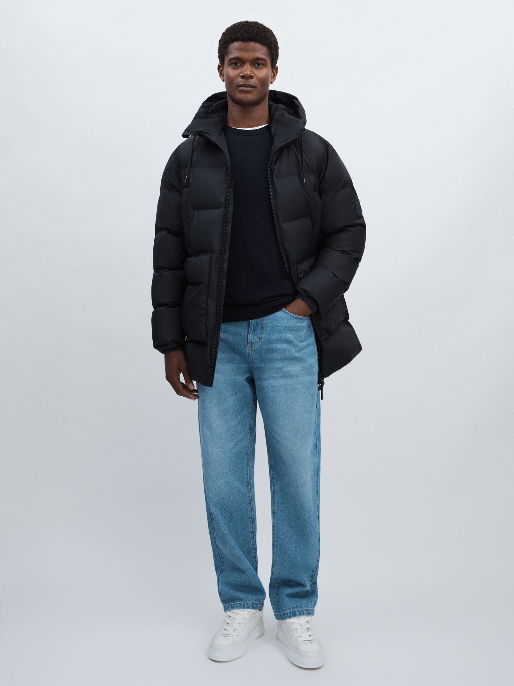 Rains Long Puffer Cargo Jacket in Navy Blue - Image 1 of 6