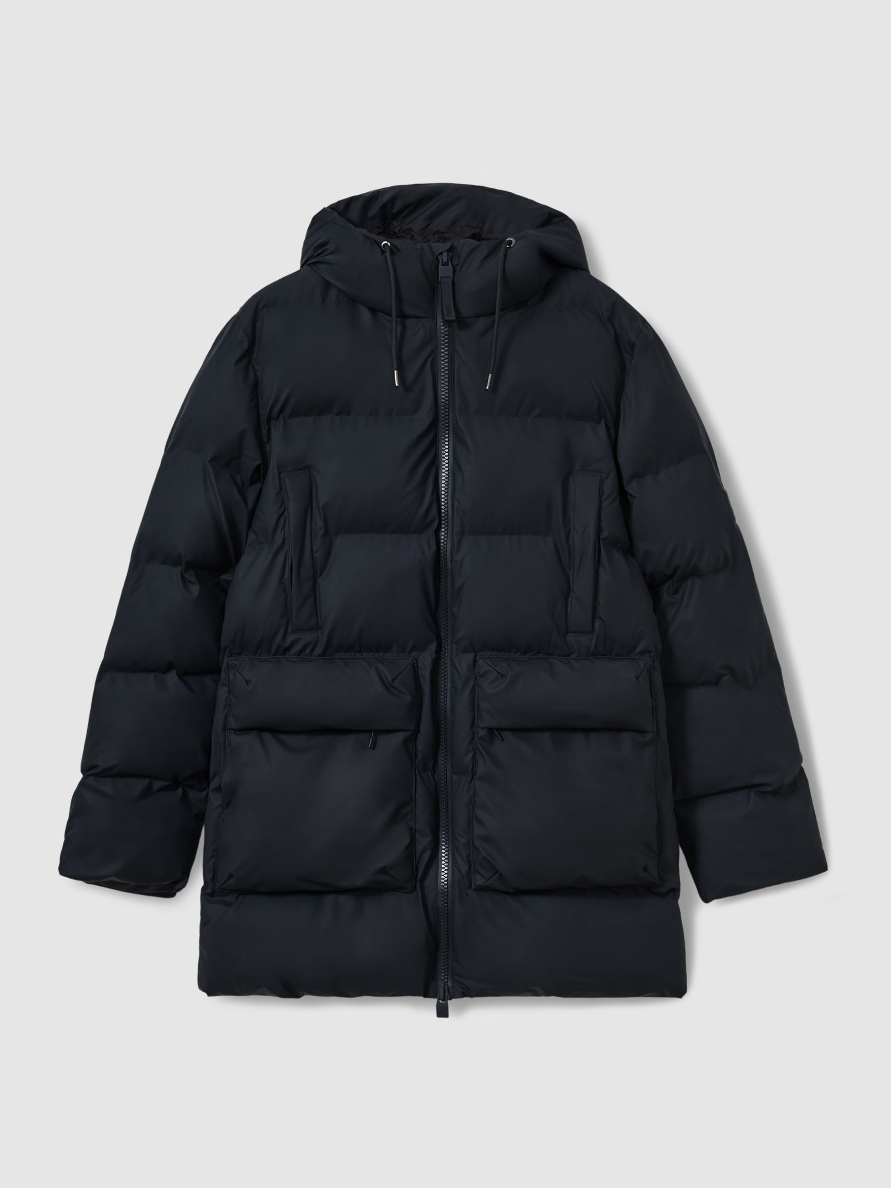Rains Long Puffer Cargo Jacket in Navy Blue - Image 2 of 6