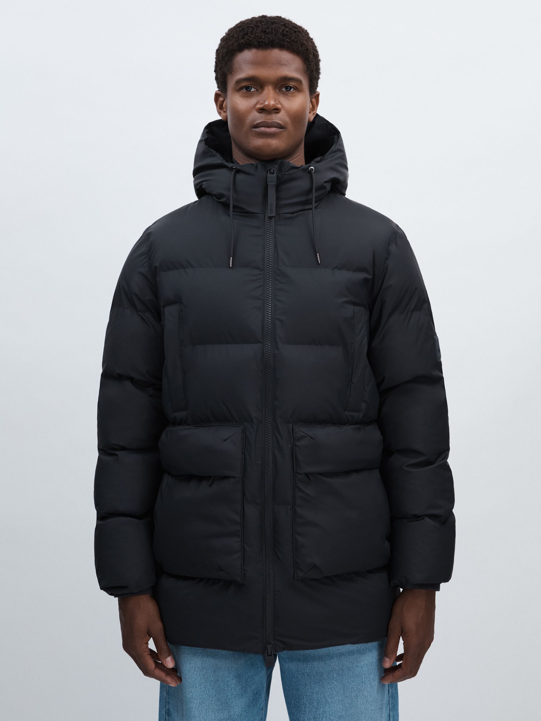 Rains Long Puffer Cargo Jacket in Navy Blue - Image 3 of 6