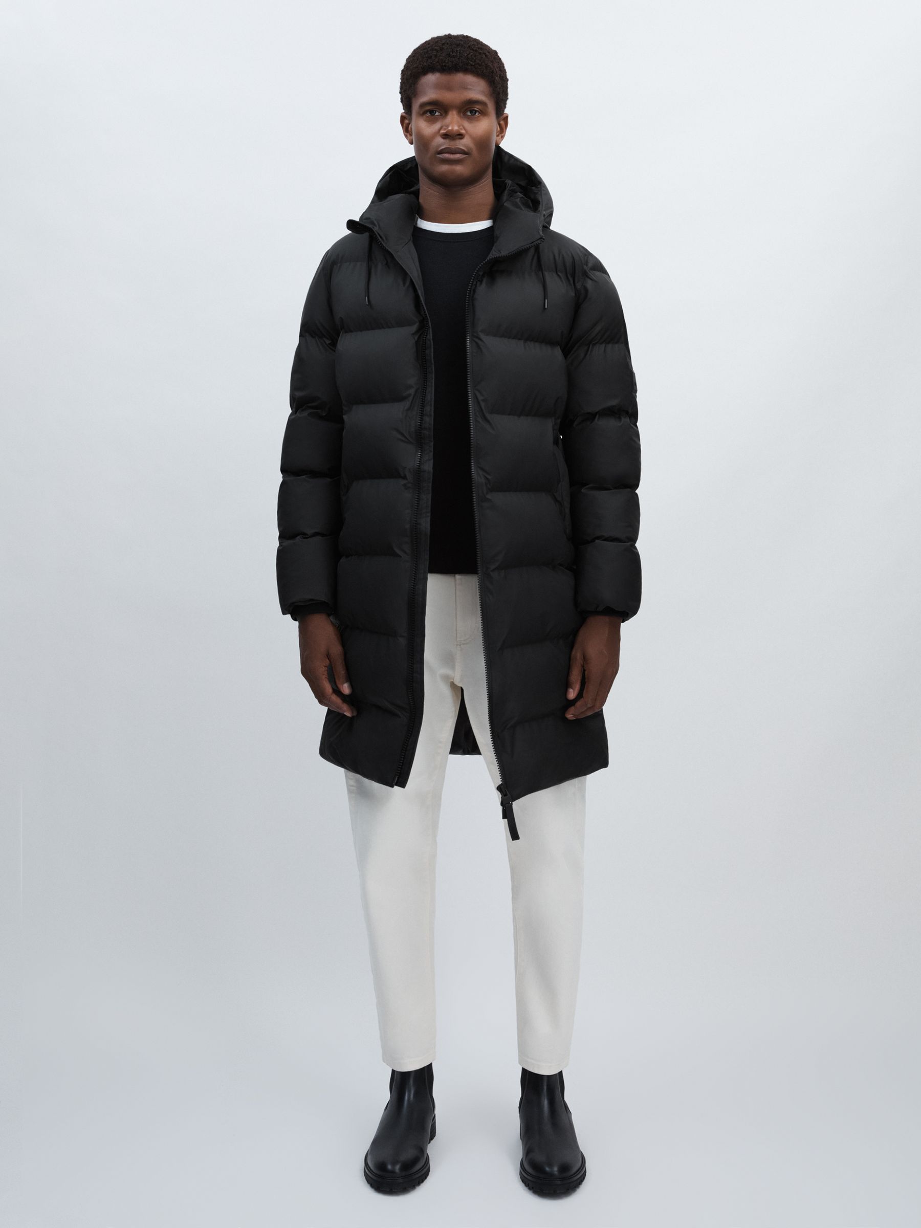 Rains Long Hooded Puffer Jacket in Black - Image 1 of 7