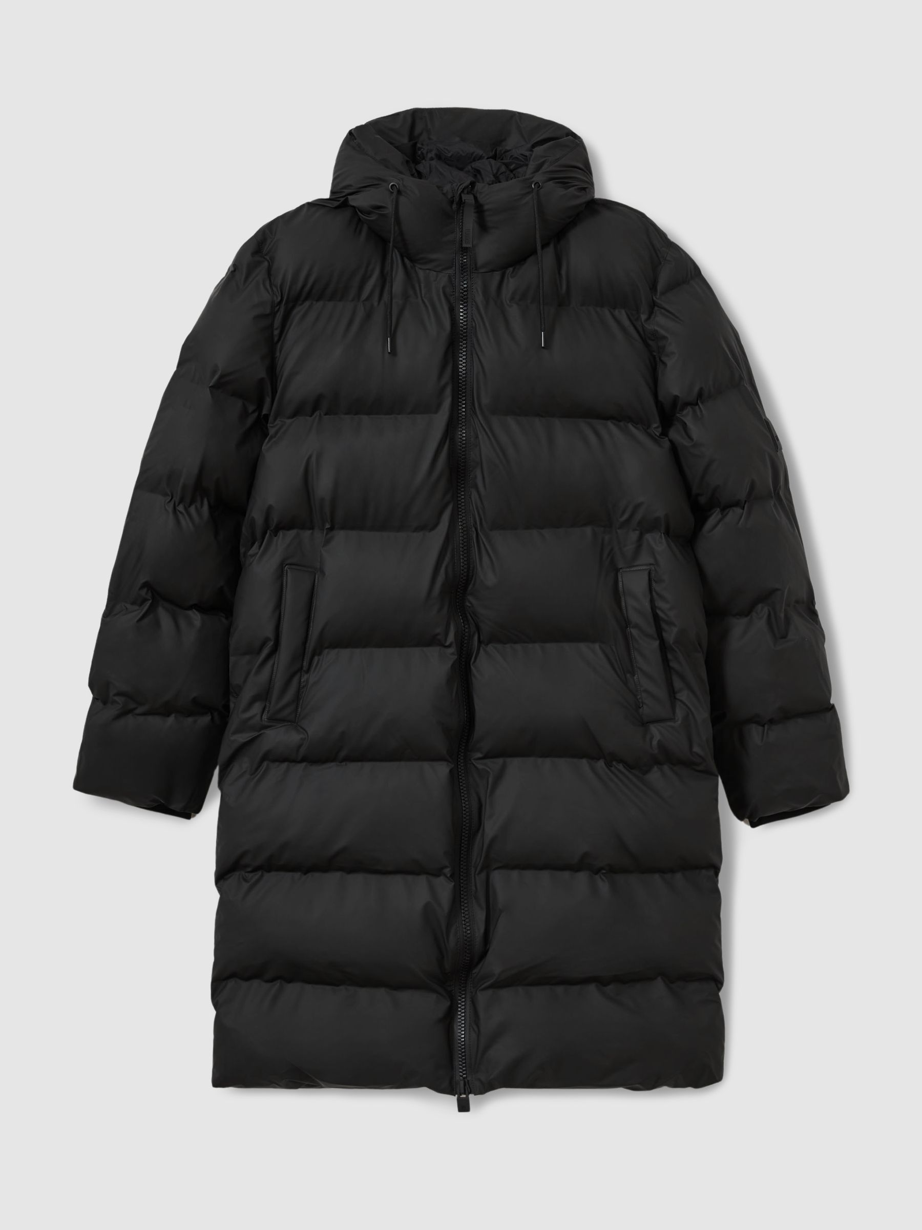 Rains Long Hooded Puffer Jacket in Black - Image 2 of 7