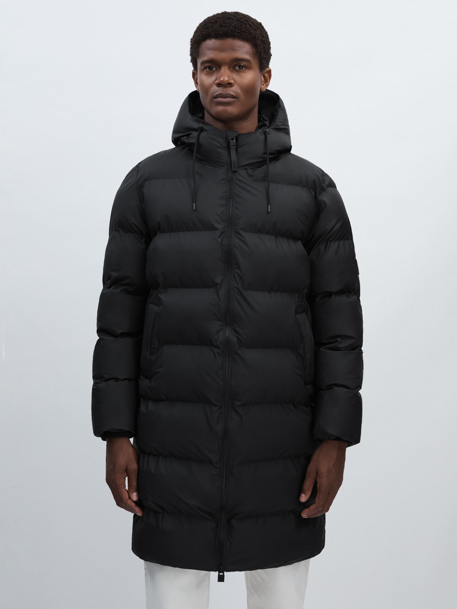 Rains Long Hooded Puffer Jacket in Black - Image 3 of 7