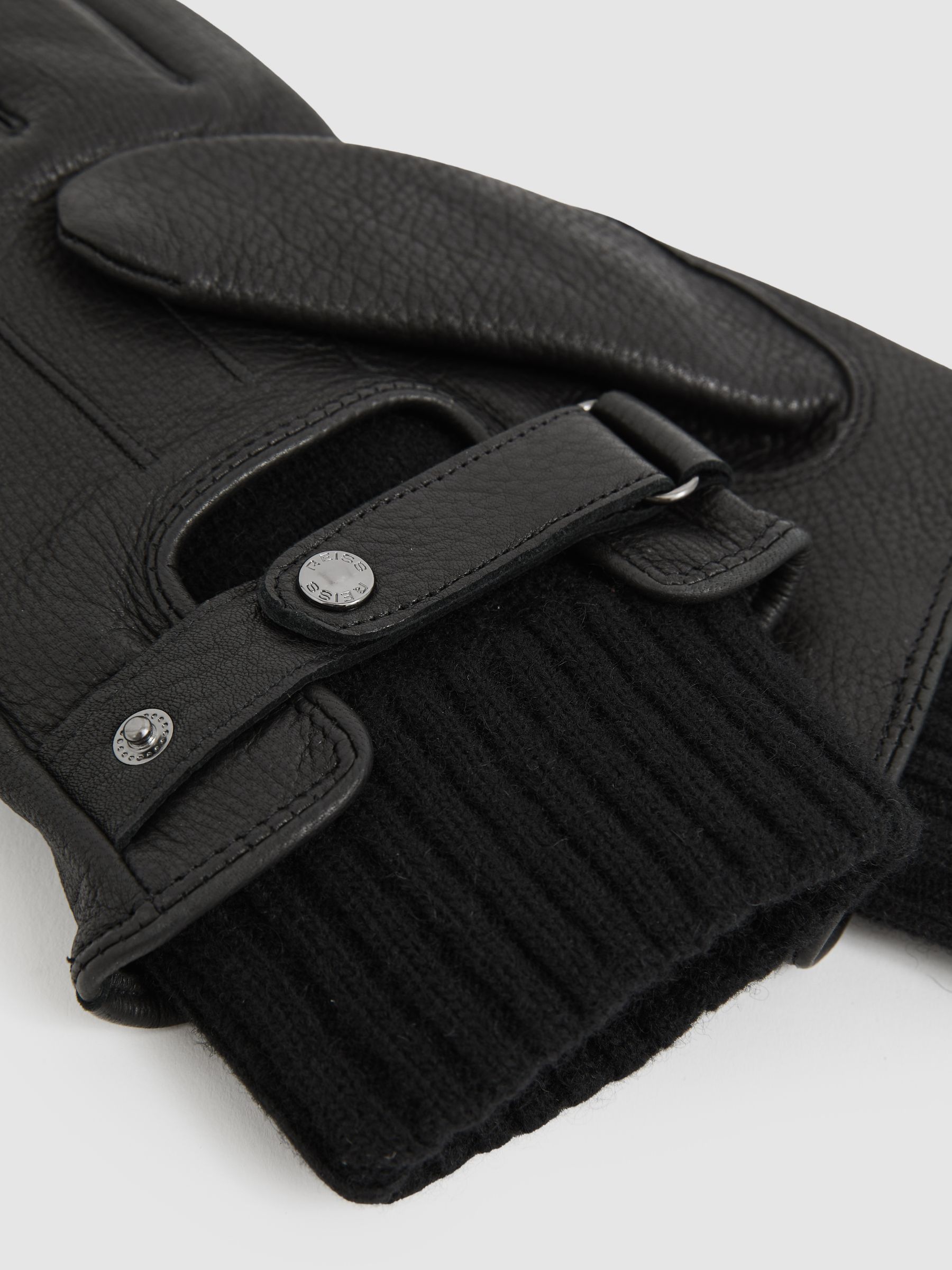 Leather Ribbed-Cuff Gloves in Black - Image 3 of 3