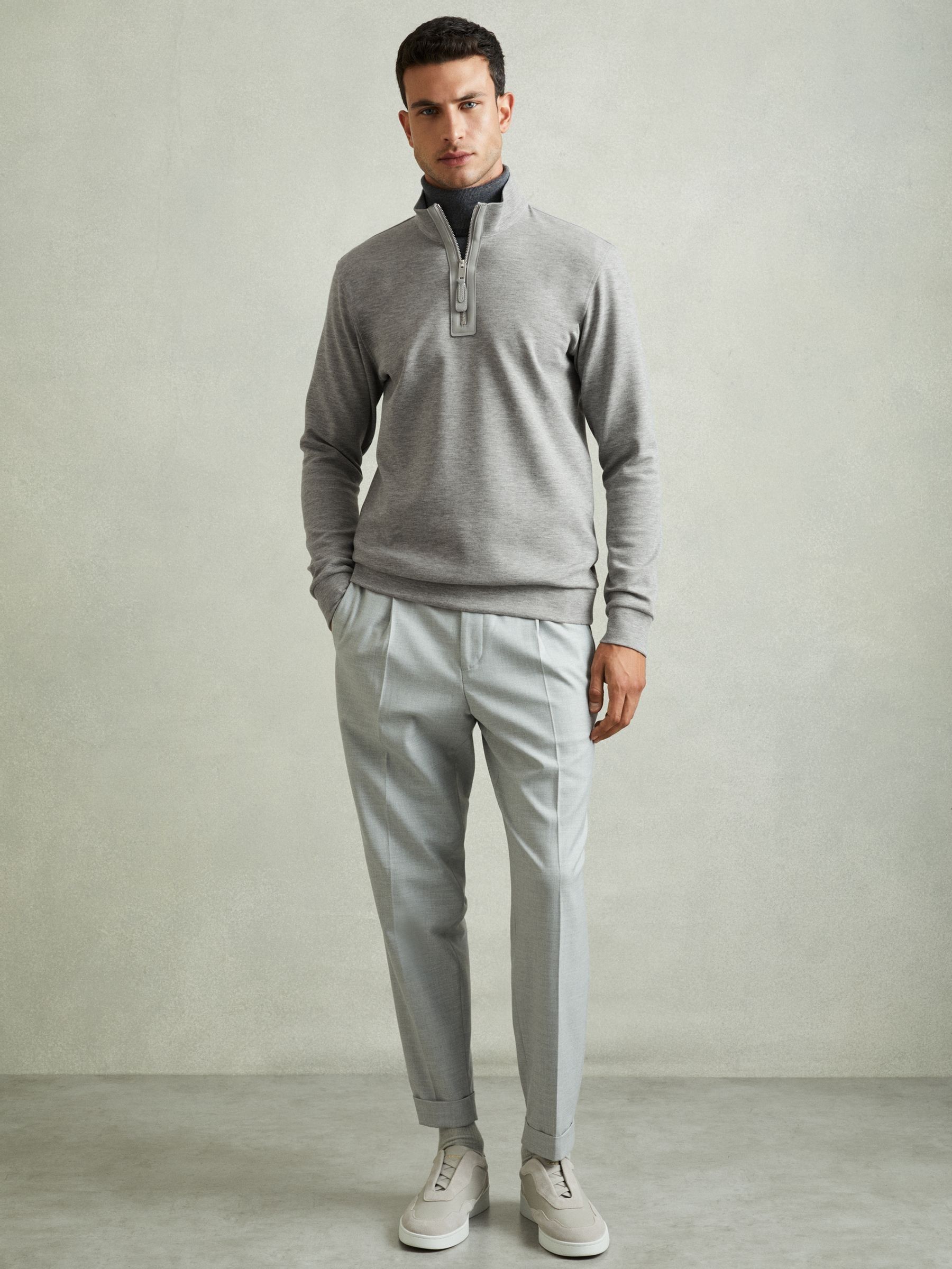 Leather-Placket Interlock-Jersey Sweatshirt in Grey Melange - Image 3 of 6