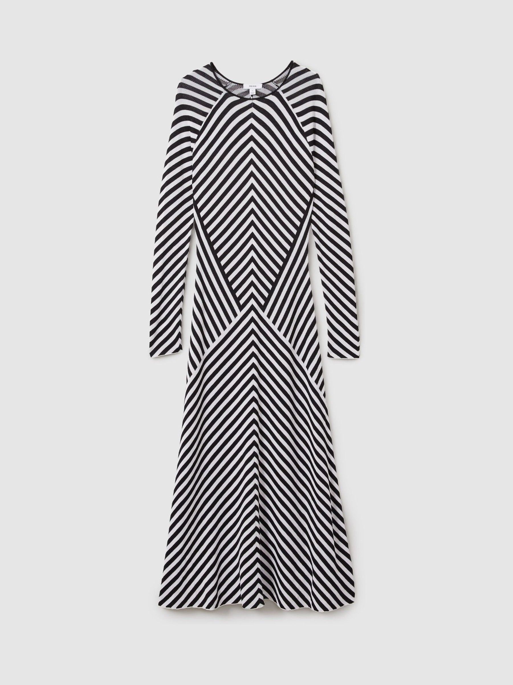 Knitted Striped Midi Dress in Black/Ivory - Image 2 of 6