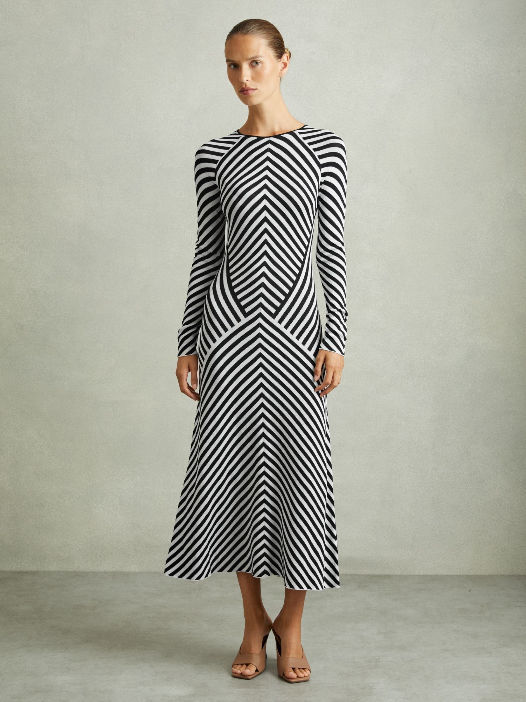 Knitted Striped Midi Dress in Black/Ivory - Image 3 of 6