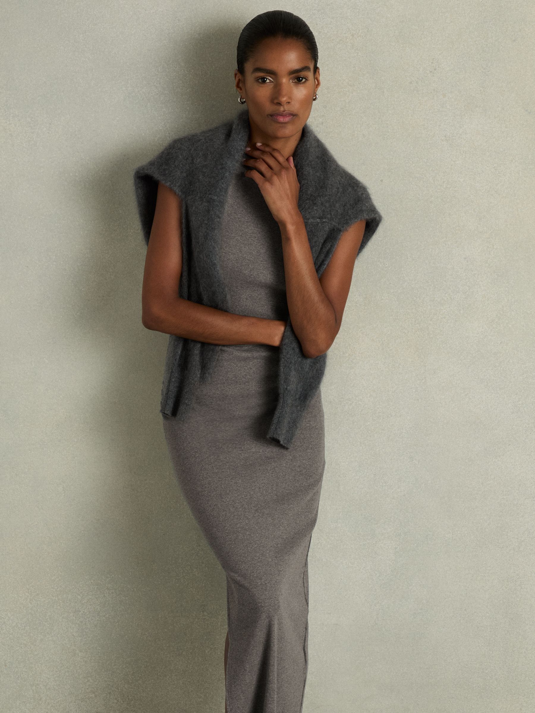 Ribbed Ruched Jersey Midi Dress in Charcoal - Image 3 of 6