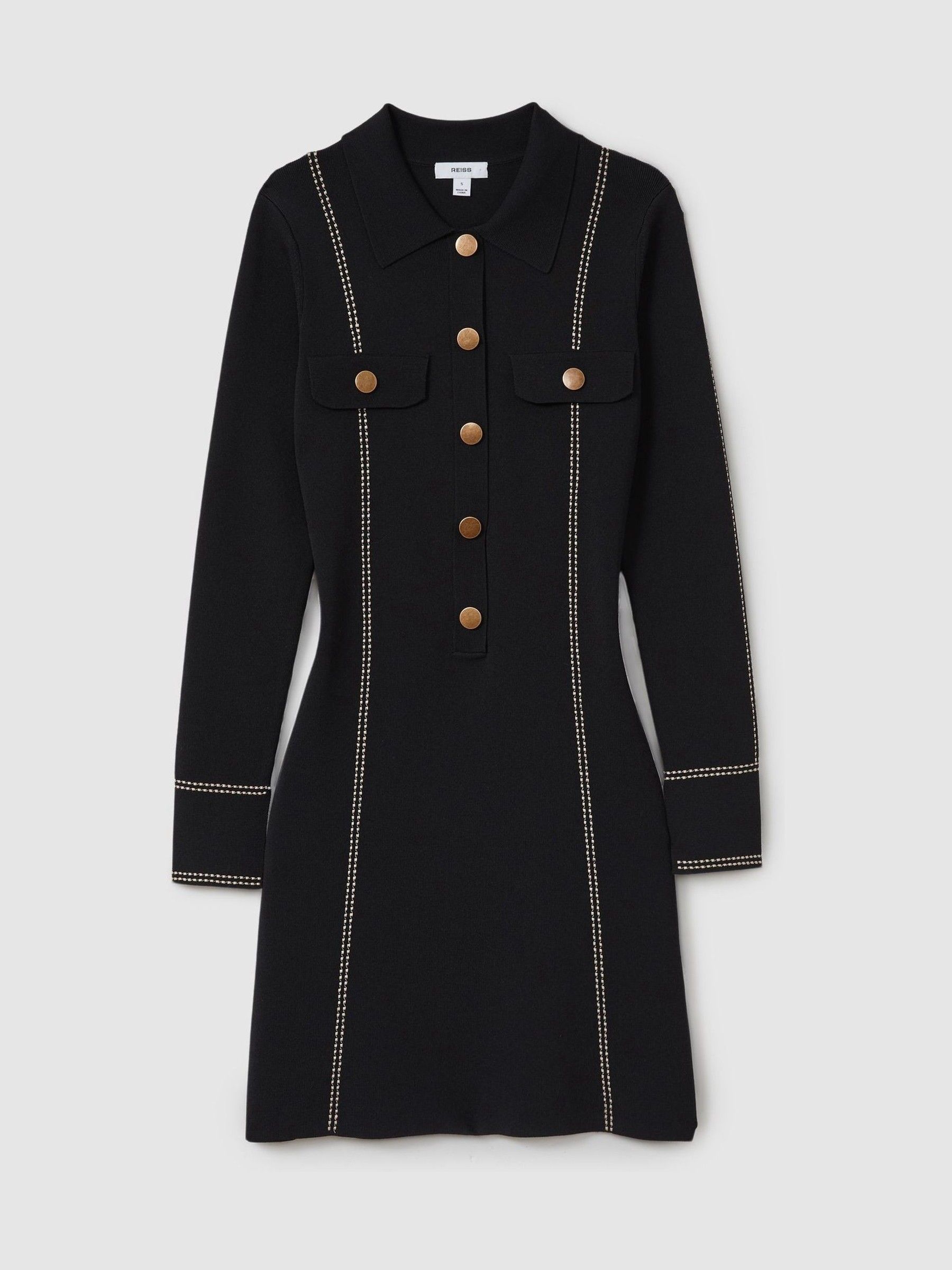 Knitted Contrast Seam Mini Dress in Black - Image 2 of 6