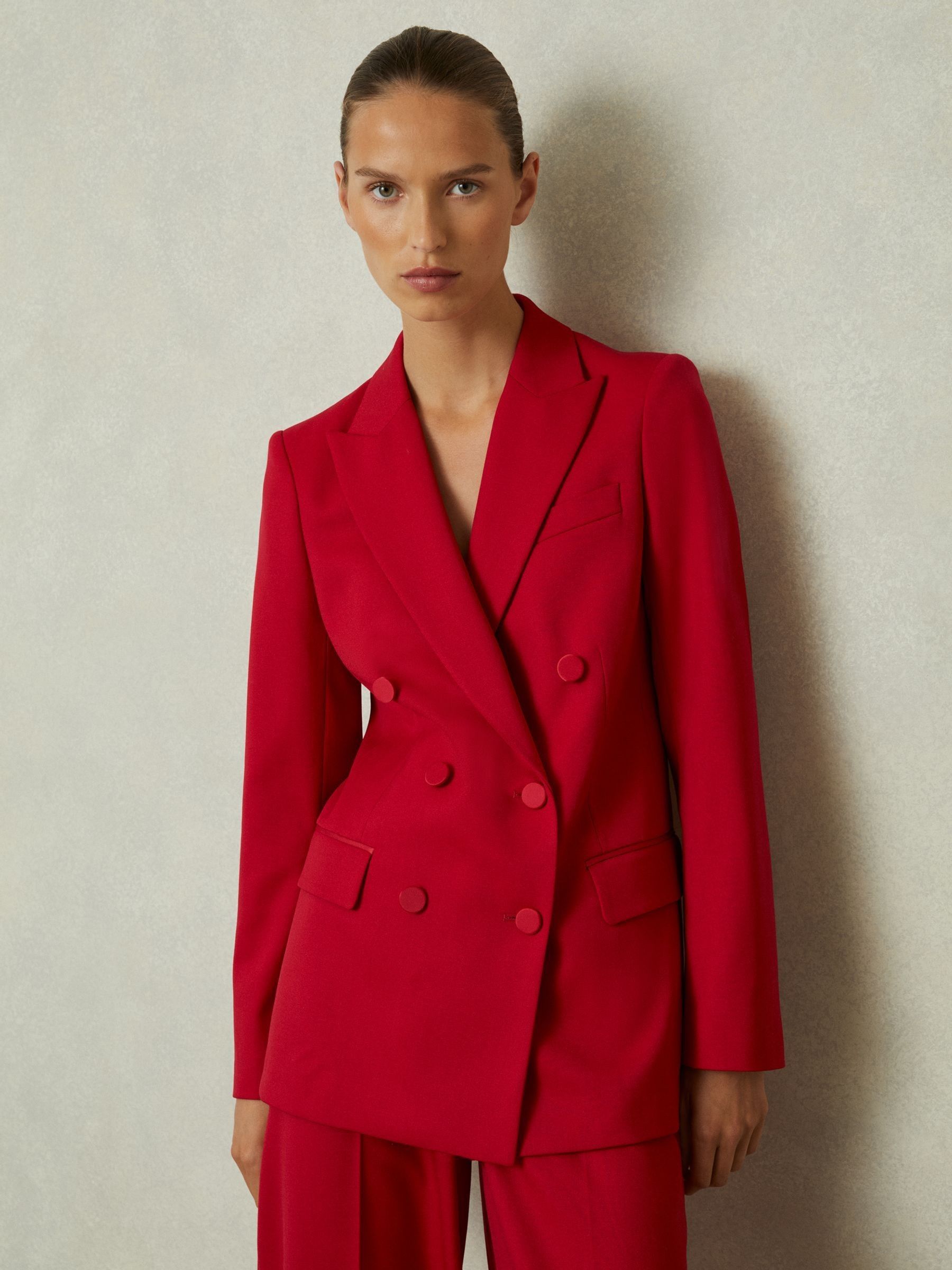 Wool Blend Double Breasted Tux Blazer in Red - Image 3 of 6