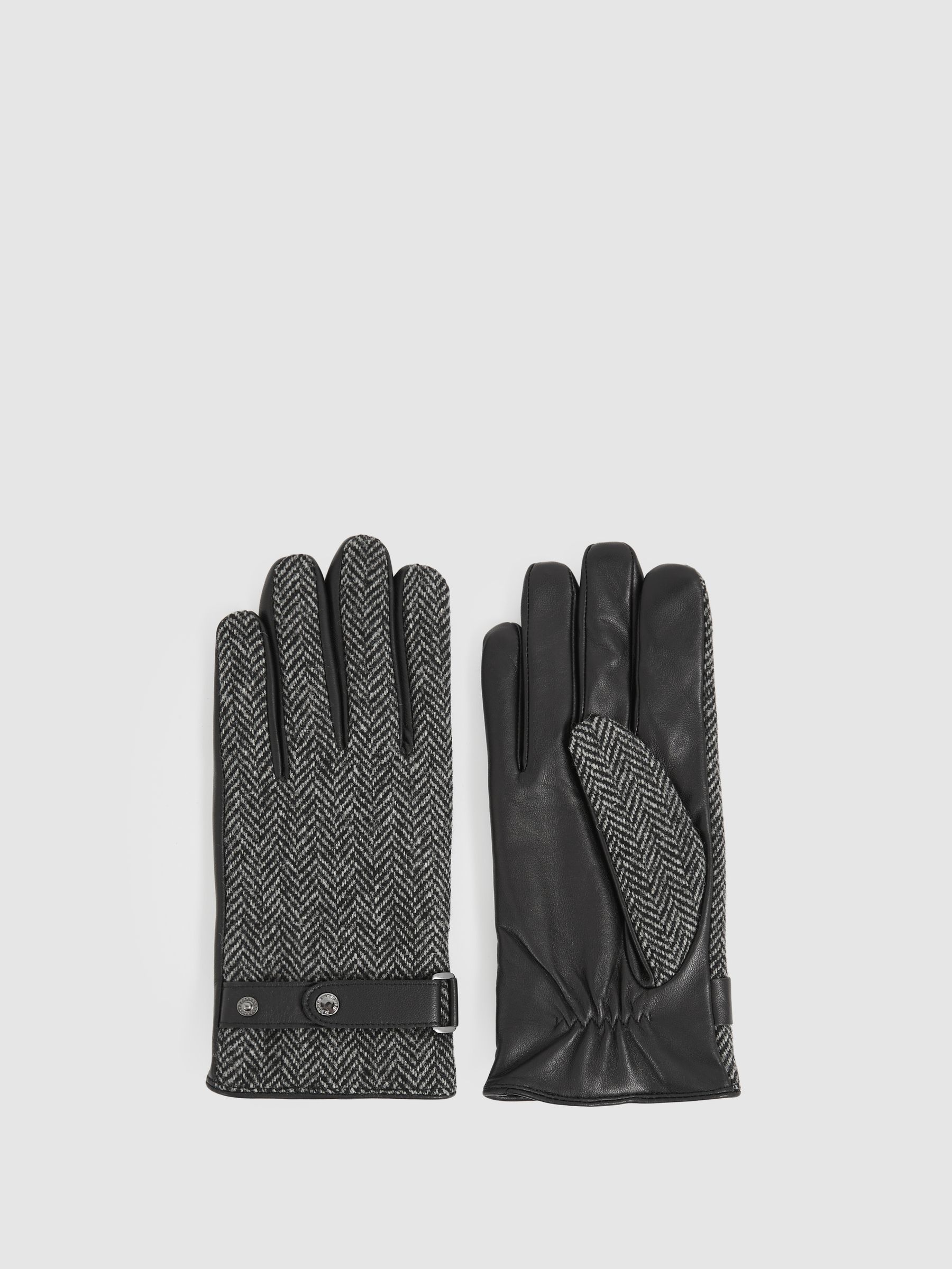 Leather And Wool-Blend Herringbone Gloves in Black - Image 1 of 2