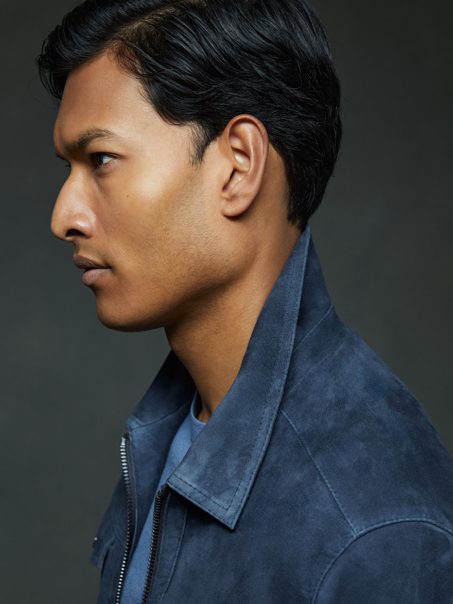 Suede Zip-Through Trucker Jacket in Indigo Blue - Image 3 of 5