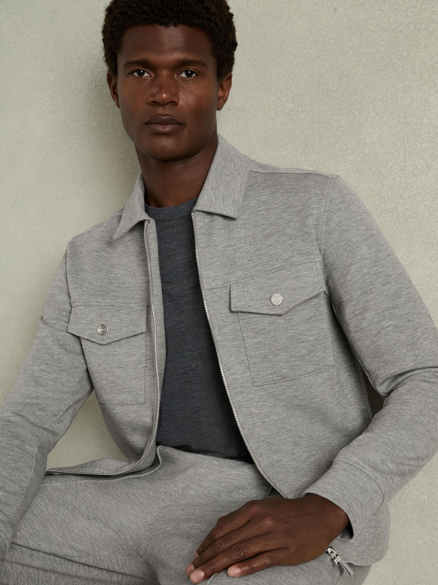 Interlock Jersey Zip-Through Overshirt in Grey Melange - Image 1 of 6