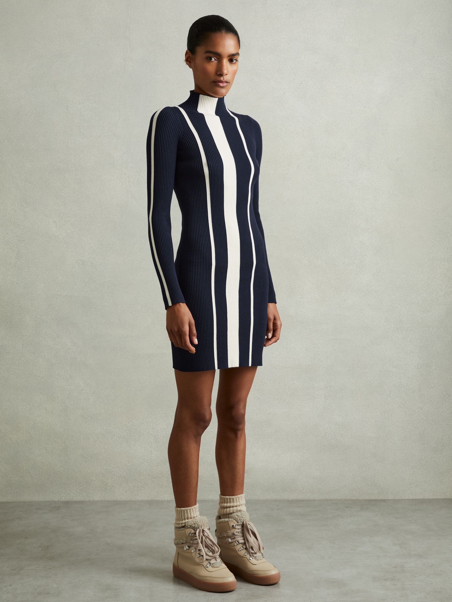 Ribbed Striped Mini Dress in Navy/Ivory - Image 3 of 6