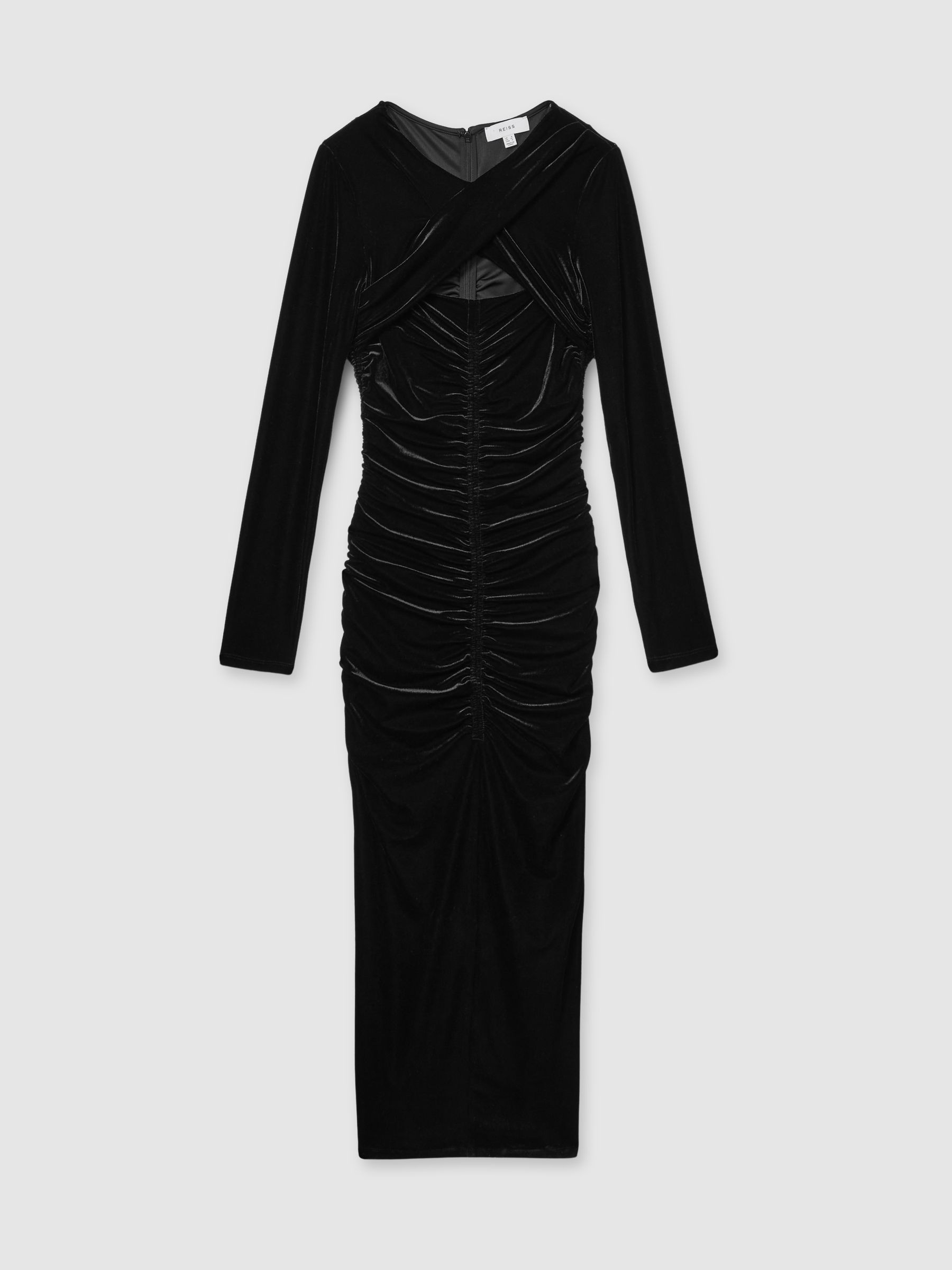 Velvet Ruched Twist-Front Midi Dress in Black