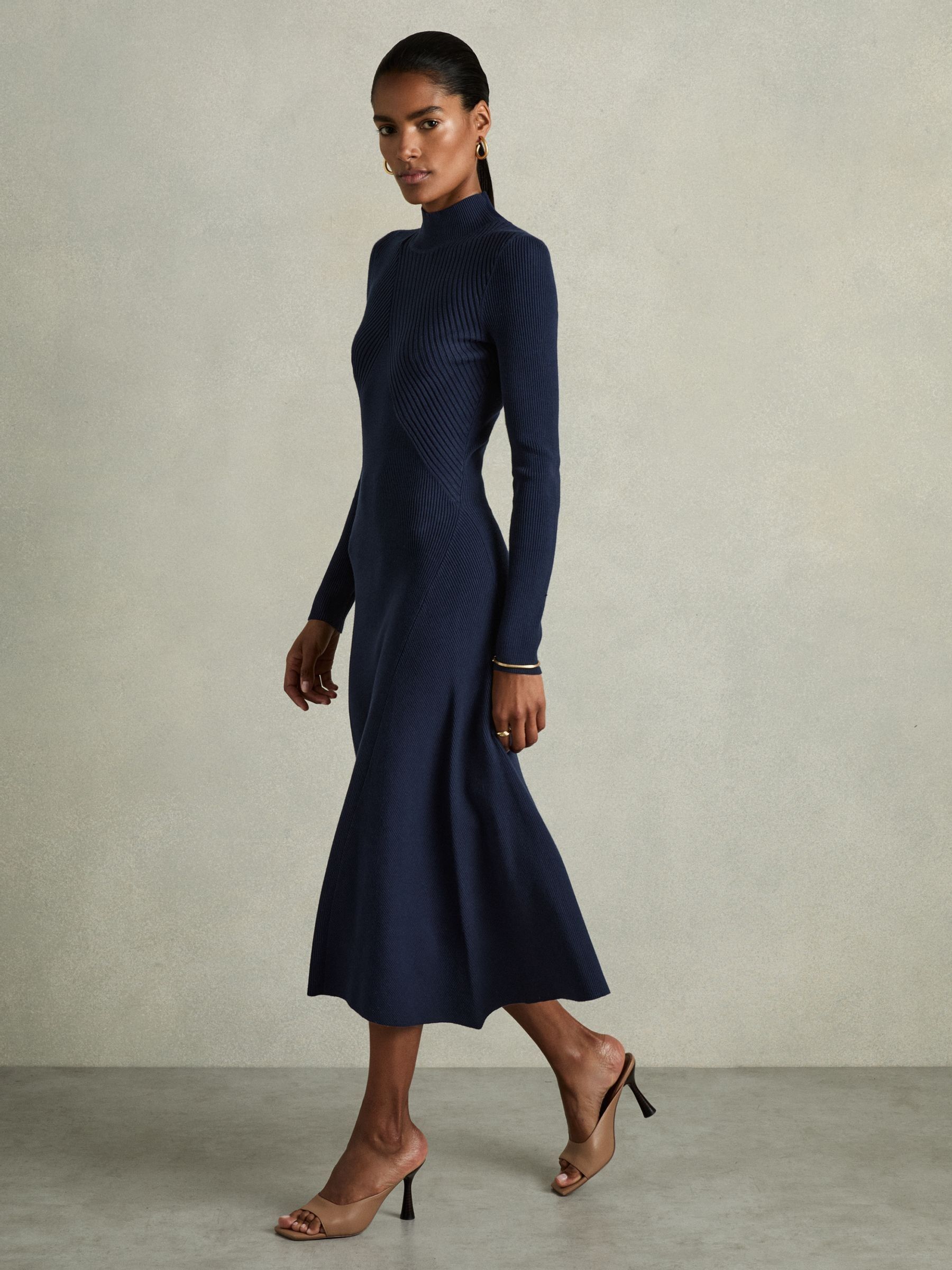 Round Neck Ribbed Midi Dress in Navy - Image 1 of 6
