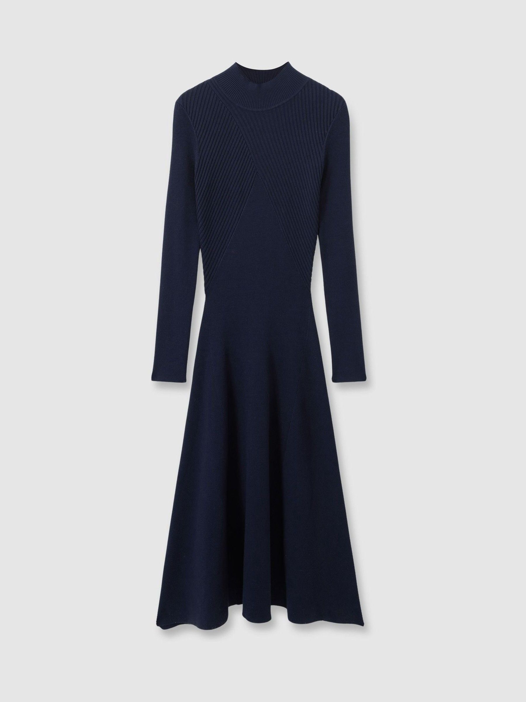Round Neck Ribbed Midi Dress in Navy - Image 2 of 6