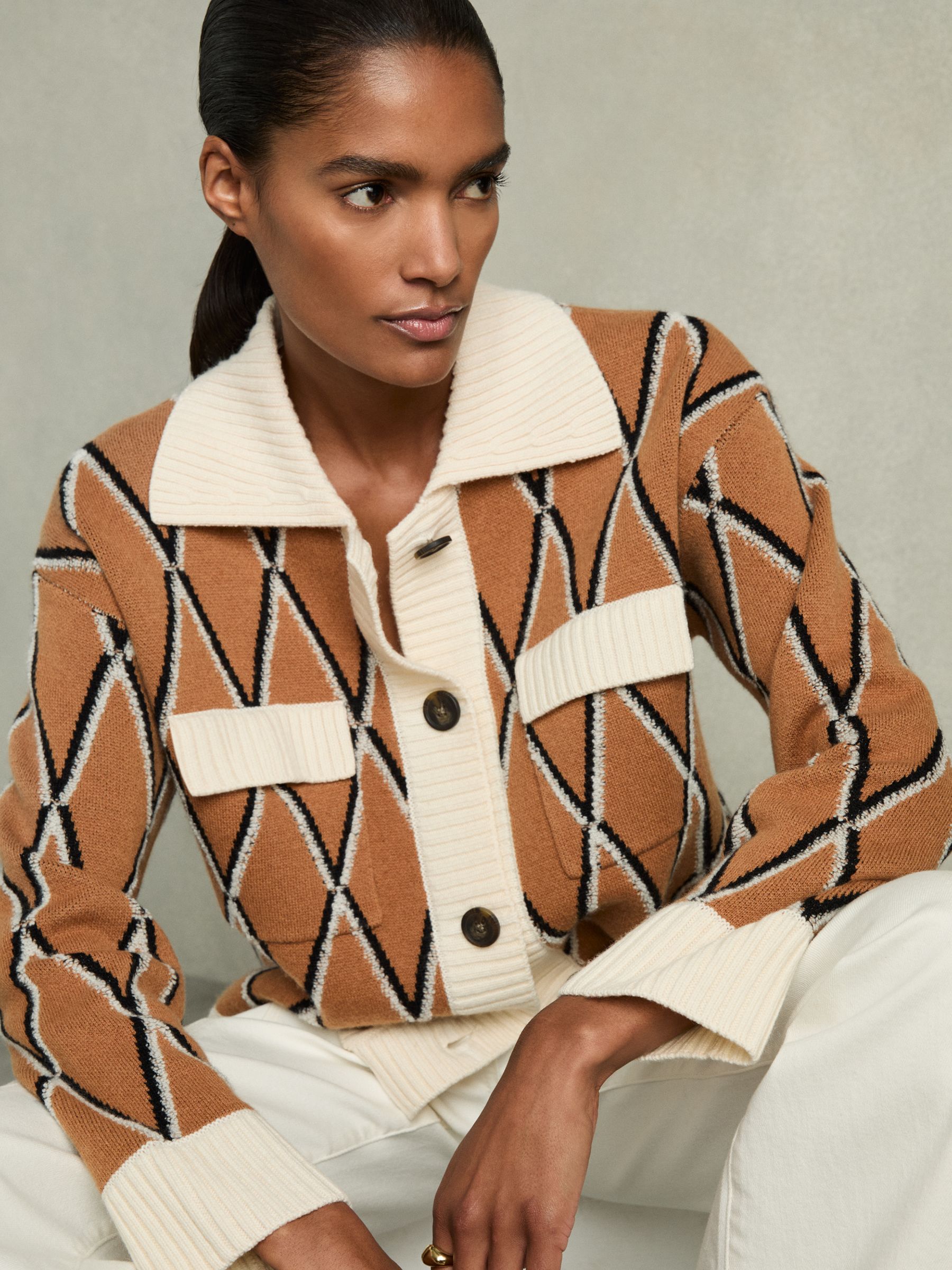 Wool-Cashmere Diamond-Jacquard Cardigan in Camel/Ivory - Image 1 of 6
