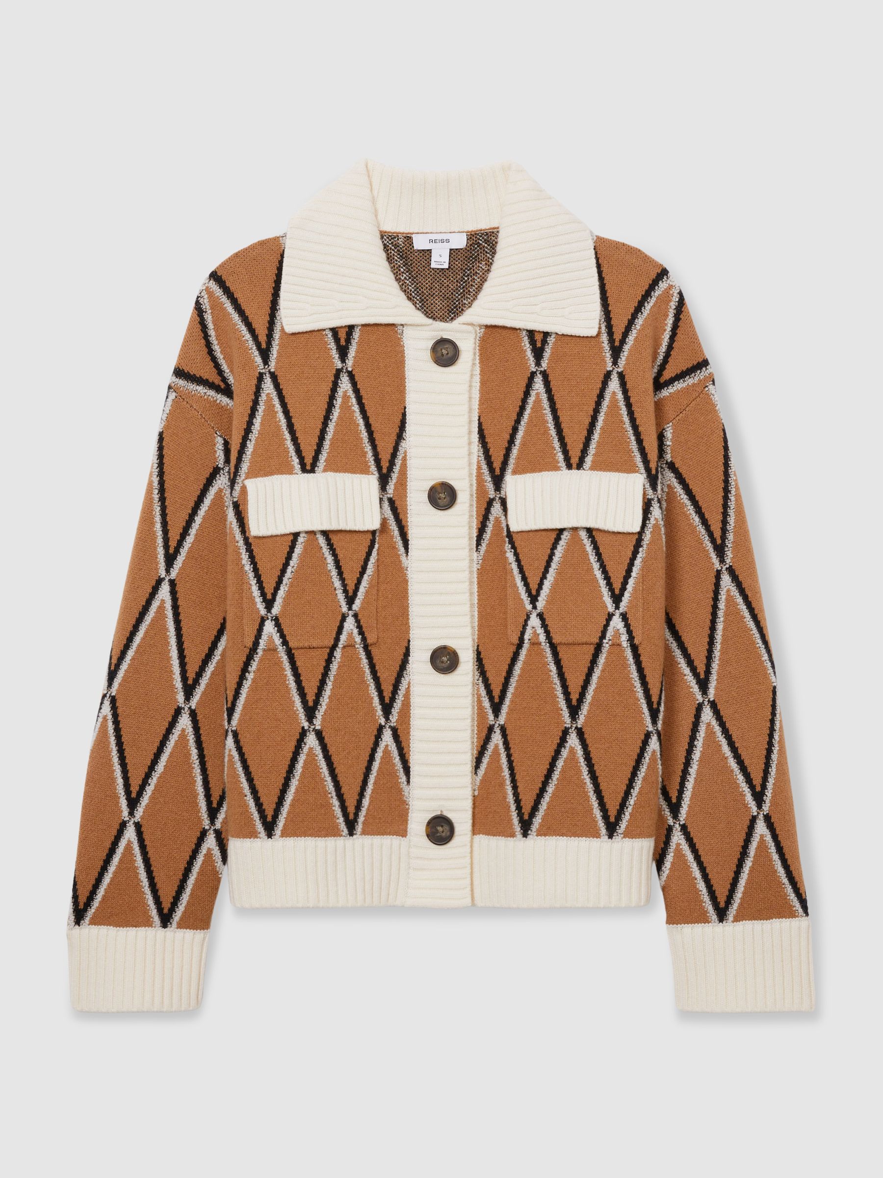 Wool-Cashmere Diamond-Jacquard Cardigan in Camel/Ivory - Image 2 of 6