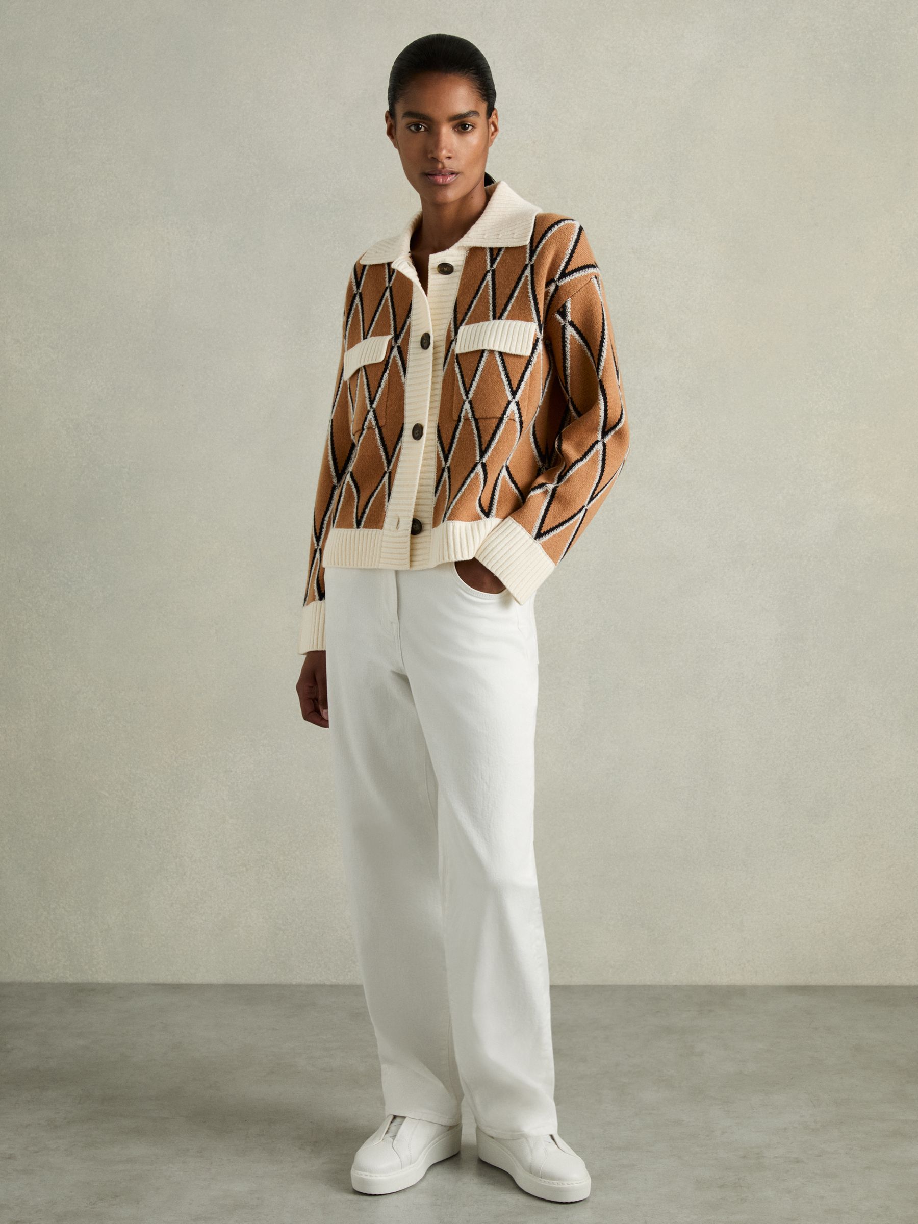 Wool-Cashmere Diamond-Jacquard Cardigan in Camel/Ivory - Image 3 of 6