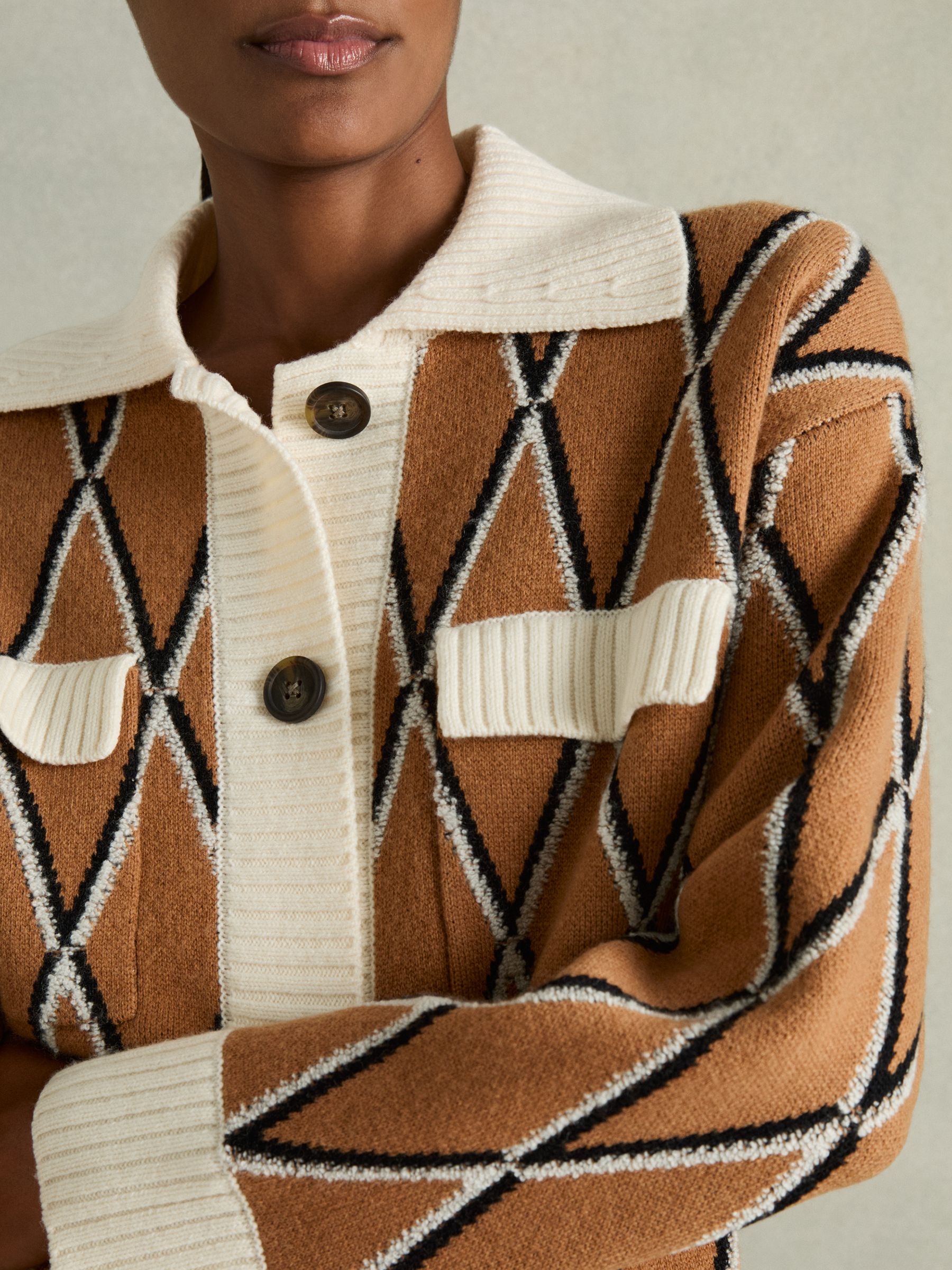 Wool-Cashmere Diamond-Jacquard Cardigan in Camel/Ivory - Image 4 of 6