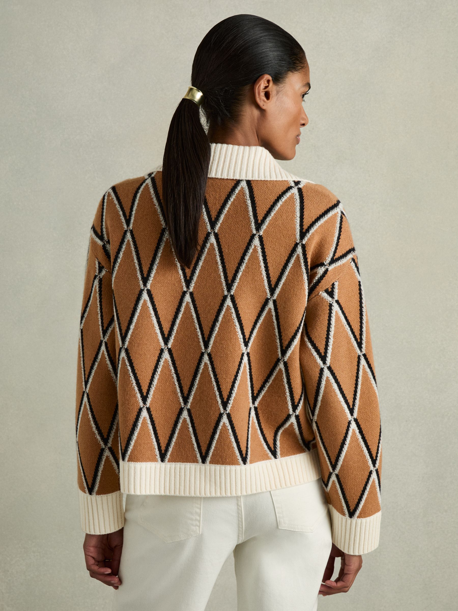 Wool-Cashmere Diamond-Jacquard Cardigan in Camel/Ivory - Image 5 of 6