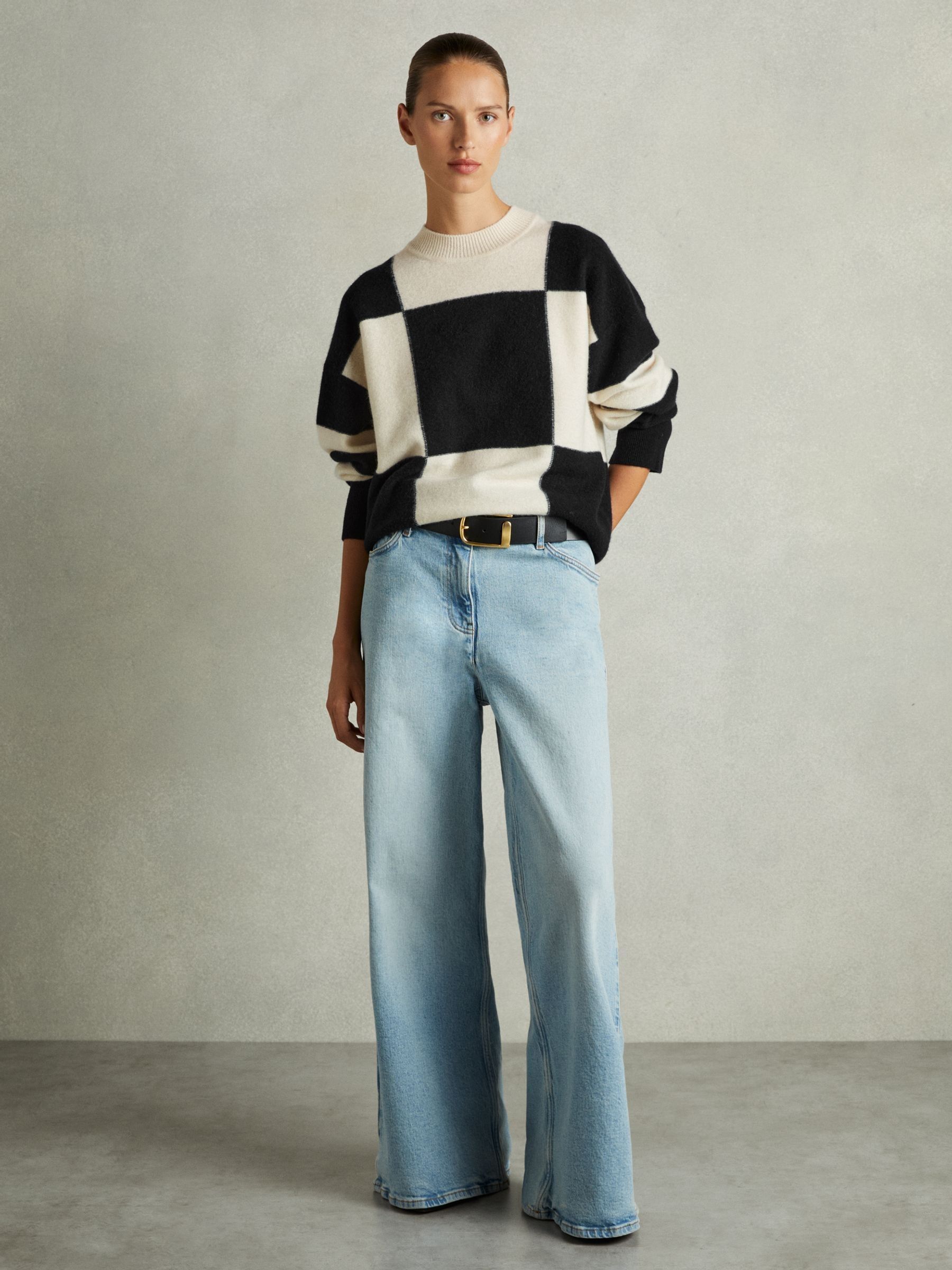 Wool-Cashmere Check-Intarsia Jumper in Black/White - Image 3 of 6