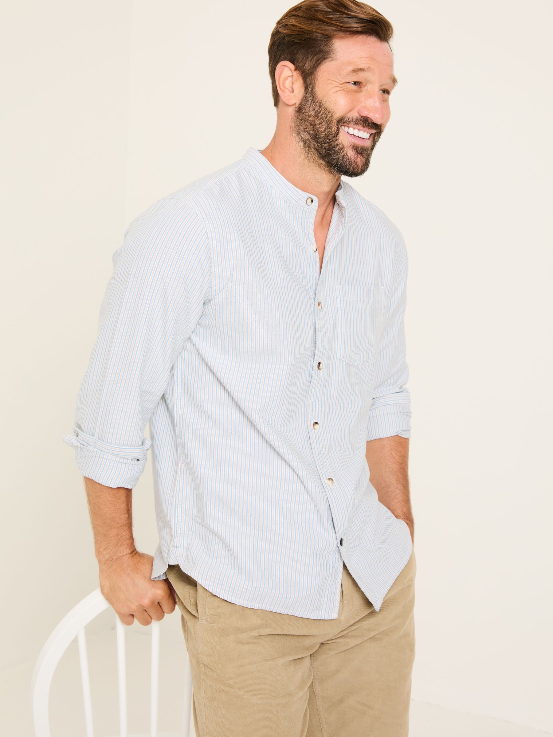 Light Natural Long Sleeve Stripe Grandad Shirt - Image 3 of 5