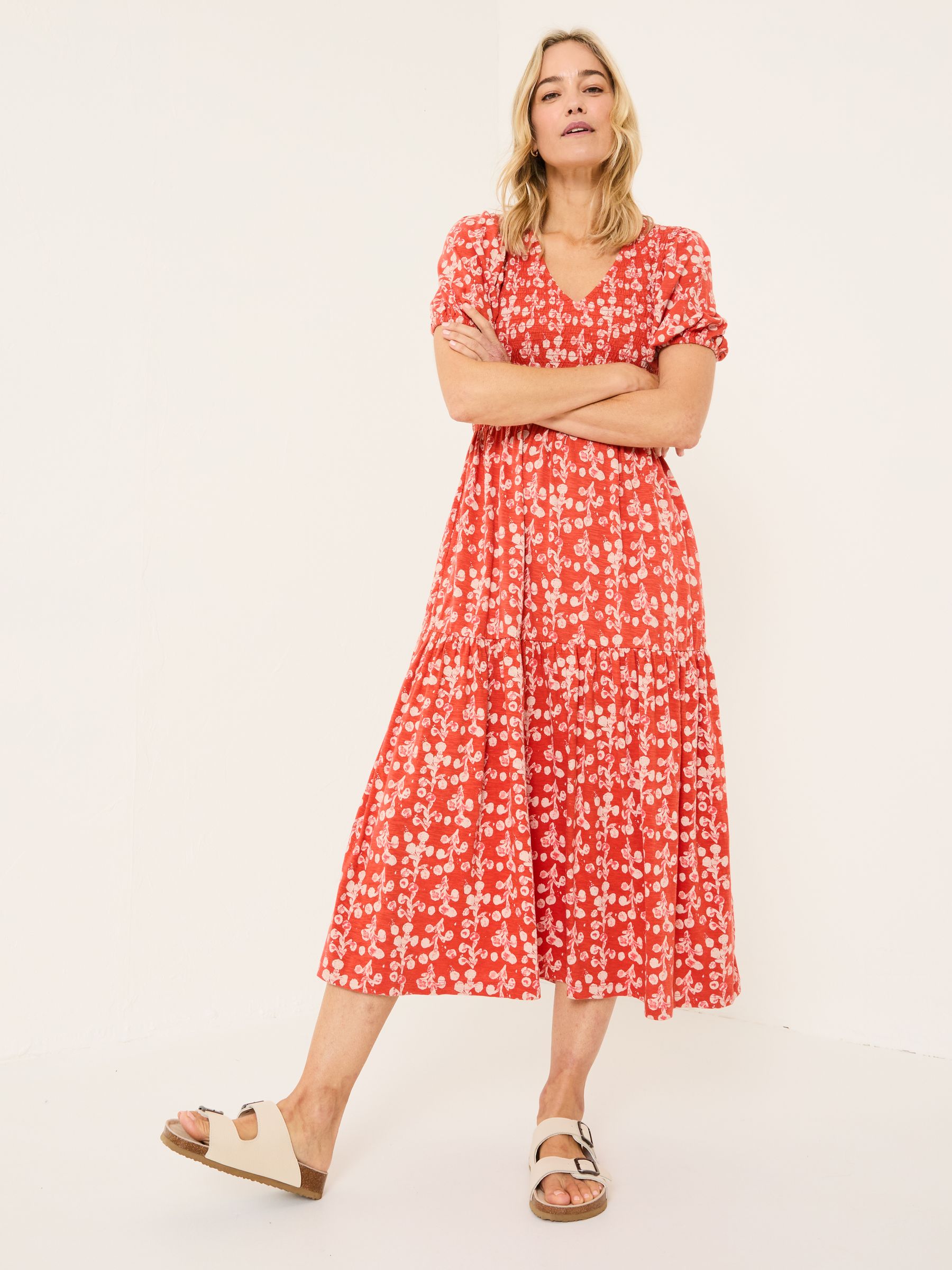 Danielle Burnt Orange Painted Bloom Midi Dress - Image 1 of 10