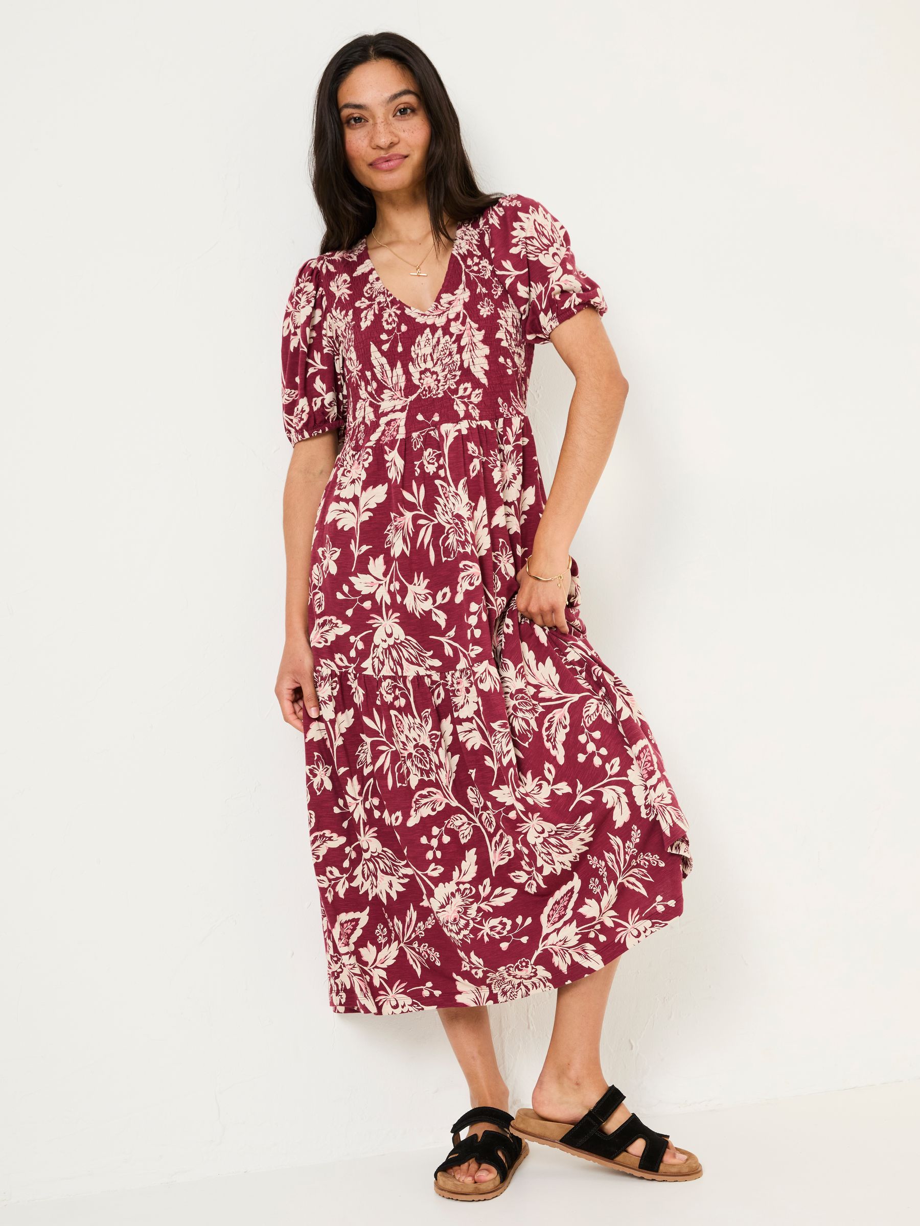 Danielle Burgundy Red Brush Floral Midi Dress - Image 1 of 5