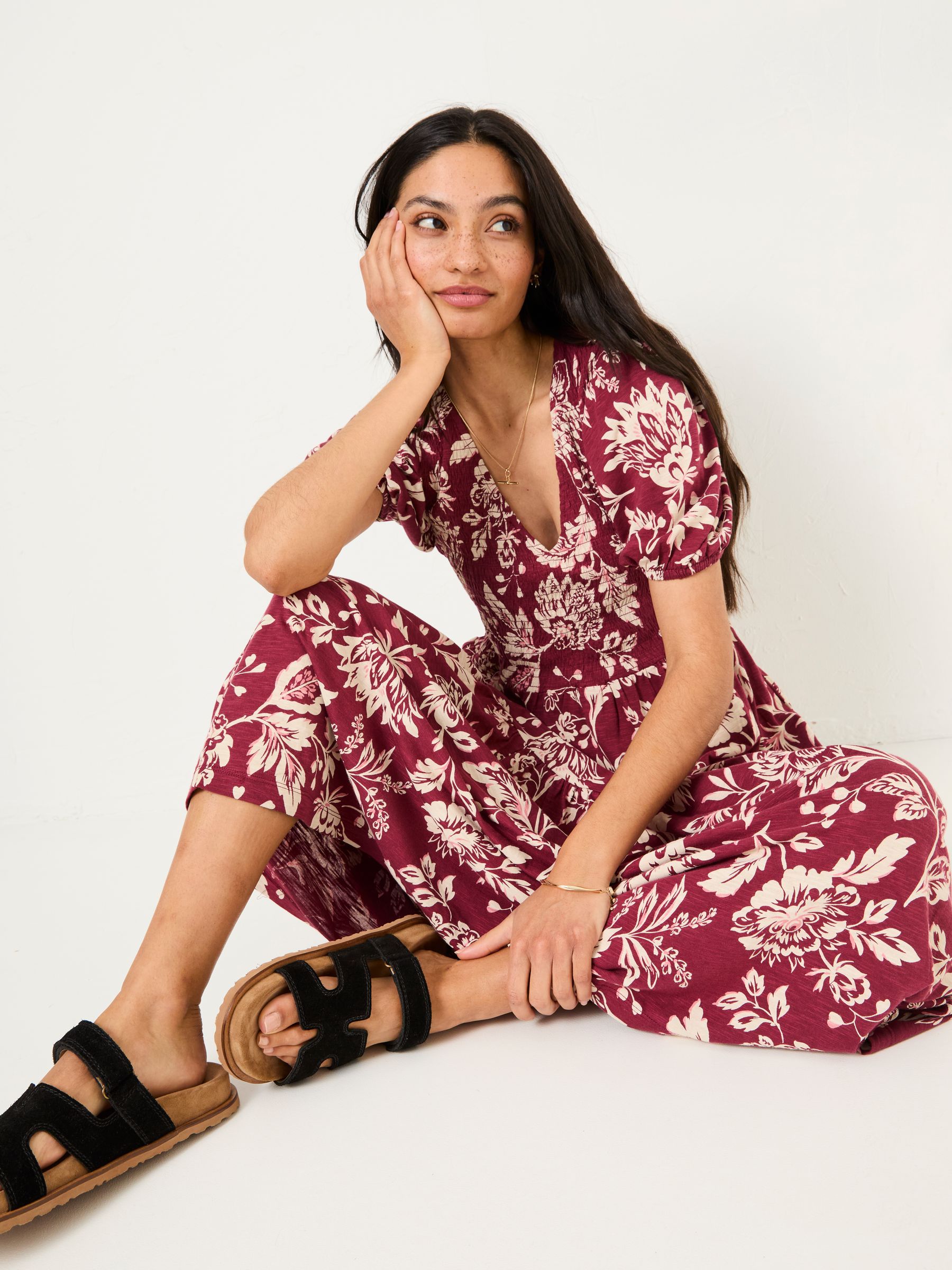 Danielle Burgundy Red Brush Floral Midi Dress - Image 3 of 5