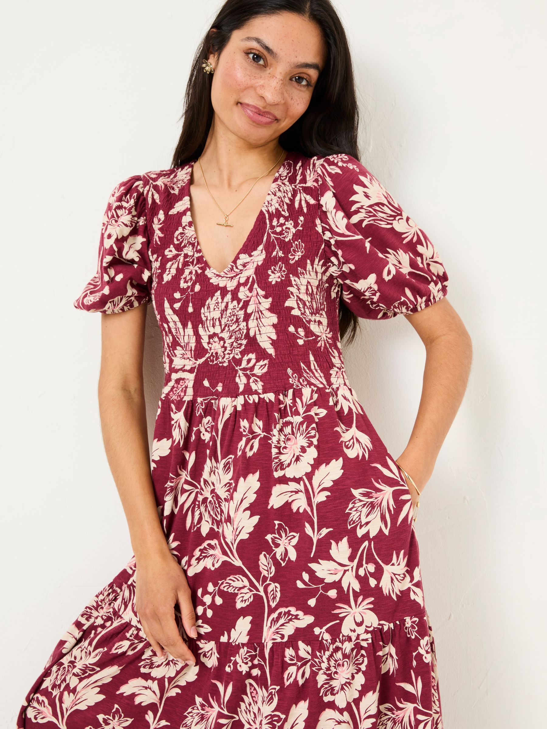Danielle Burgundy Red Brush Floral Midi Dress - Image 4 of 5
