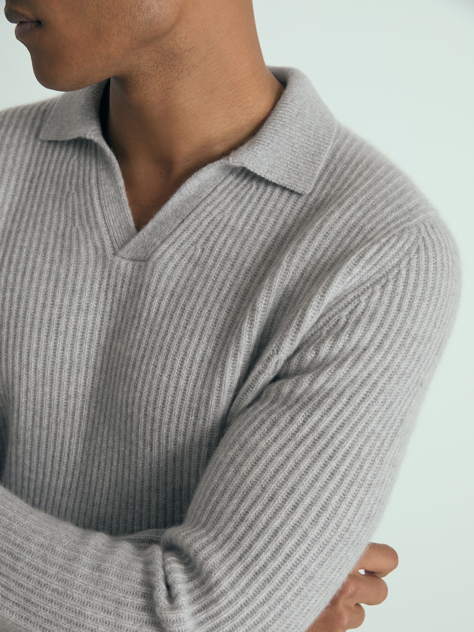 Atelier Ribbed-Cashmere Polo Shirt in Soft Grey Melange - Image 3 of 6