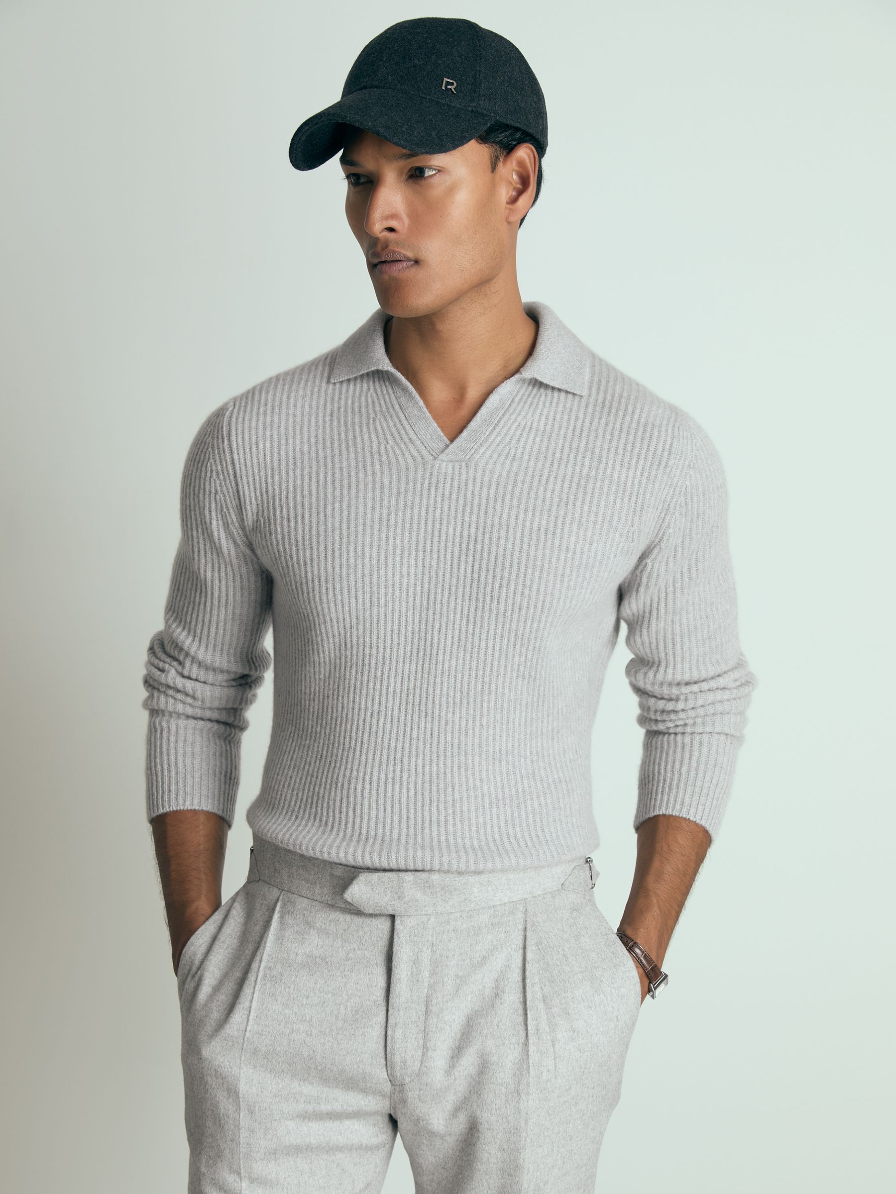 Atelier Ribbed-Cashmere Polo Shirt in Soft Grey Melange - Image 4 of 6