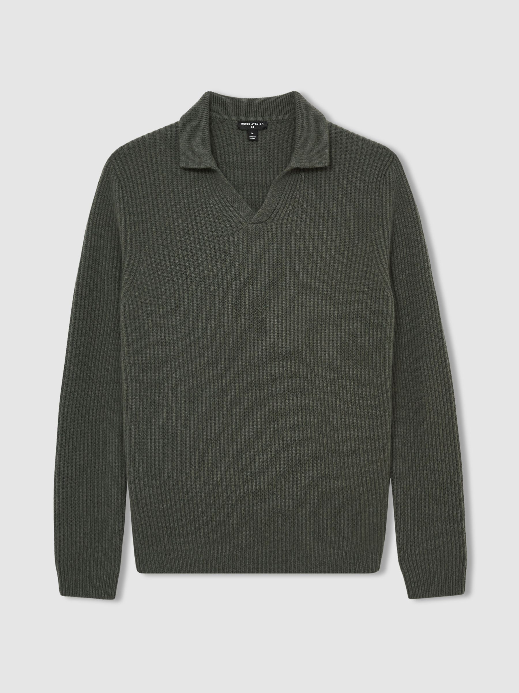 Atelier Ribbed-Cashmere Polo Shirt in Military Green - Image 2 of 6