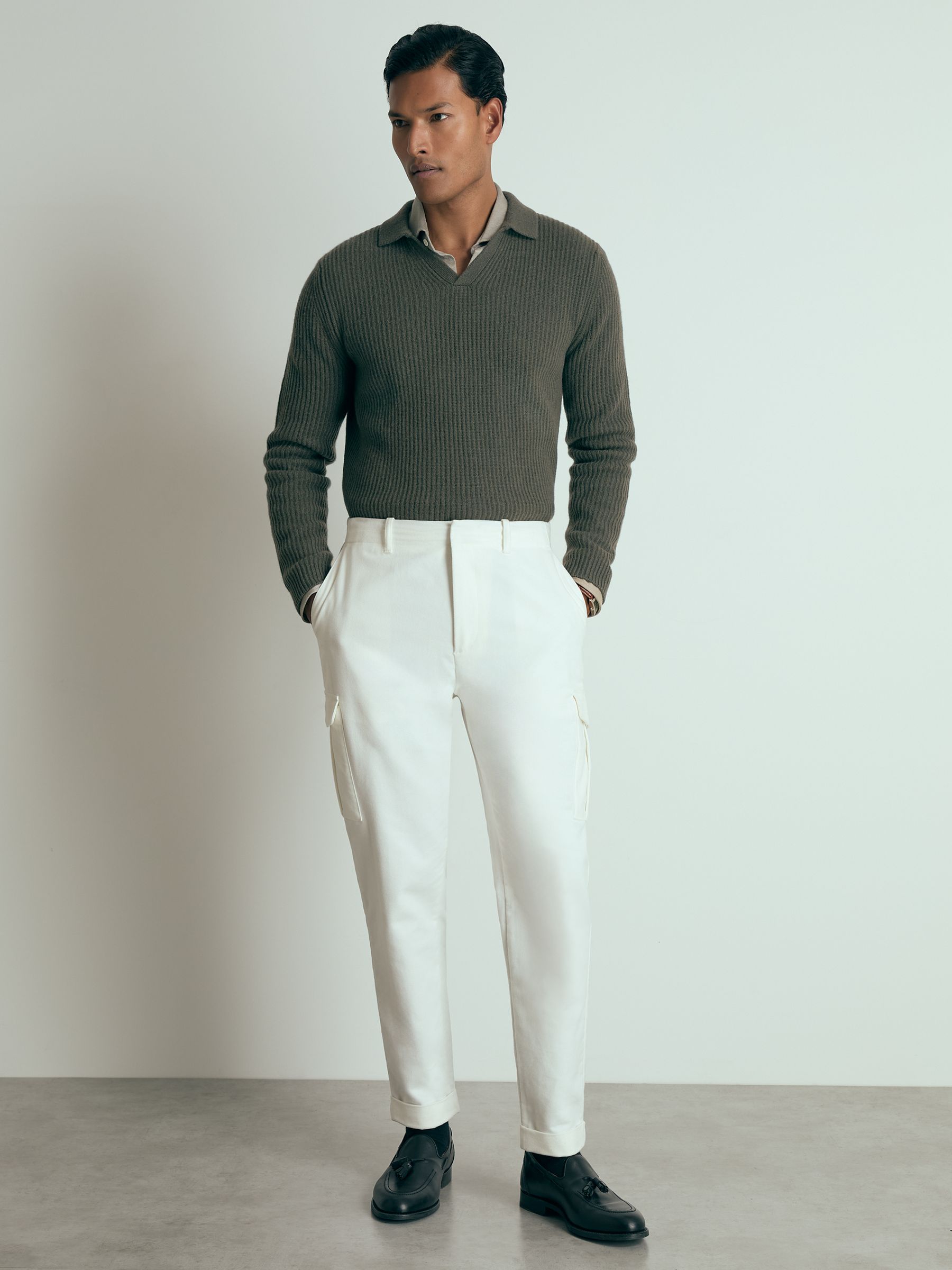 Atelier Ribbed-Cashmere Polo Shirt in Military Green - Image 4 of 6