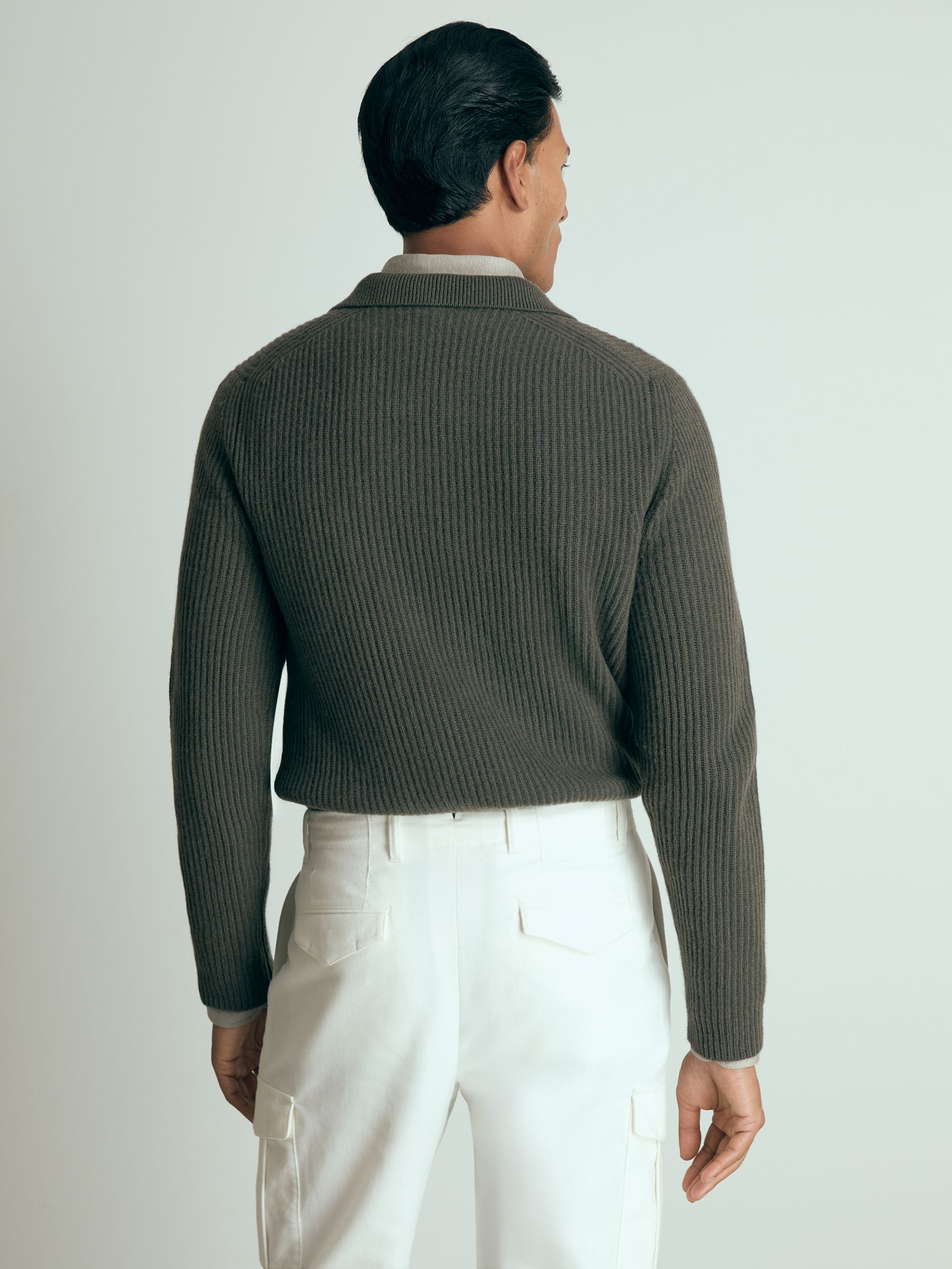 Atelier Ribbed-Cashmere Polo Shirt in Military Green - Image 5 of 6