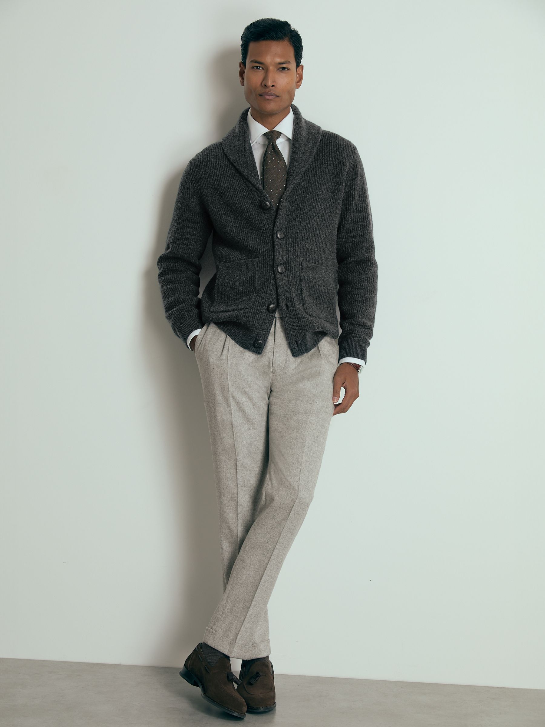 Atelier Ribbed-Cashmere Cardigan in Charcoal Melange - Image 1 of 6