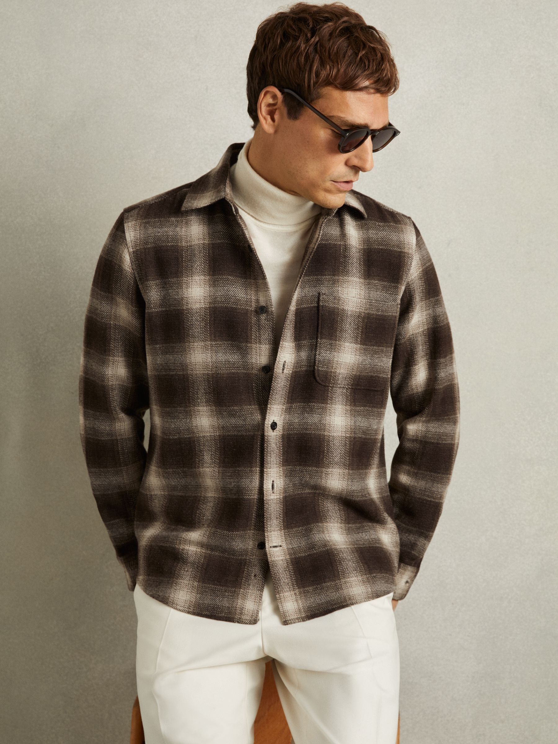 Check Patch-Pocket Overshirt With Wool in Brown Multi - Image 3 of 6