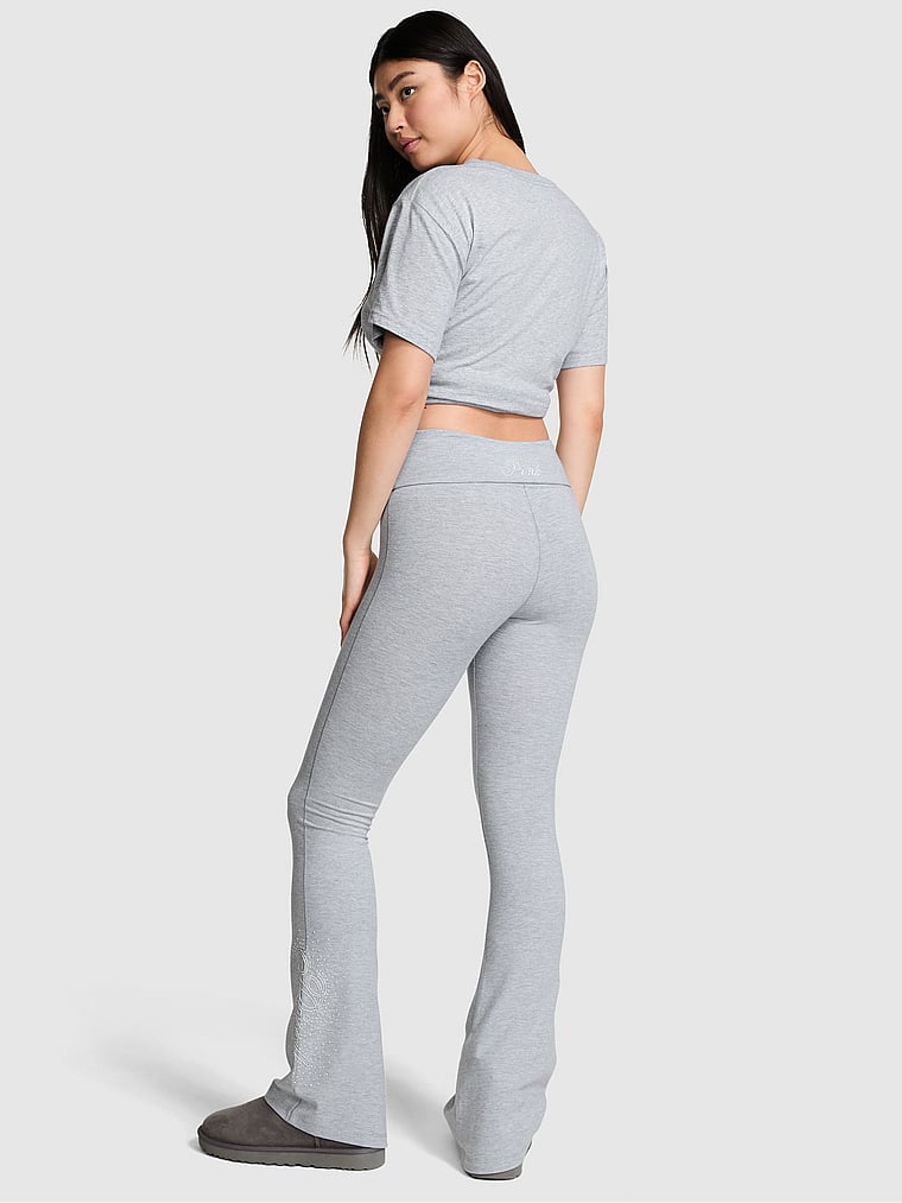 Grey Heather Cotton Foldover Flare Leggings - Image 2 of 4