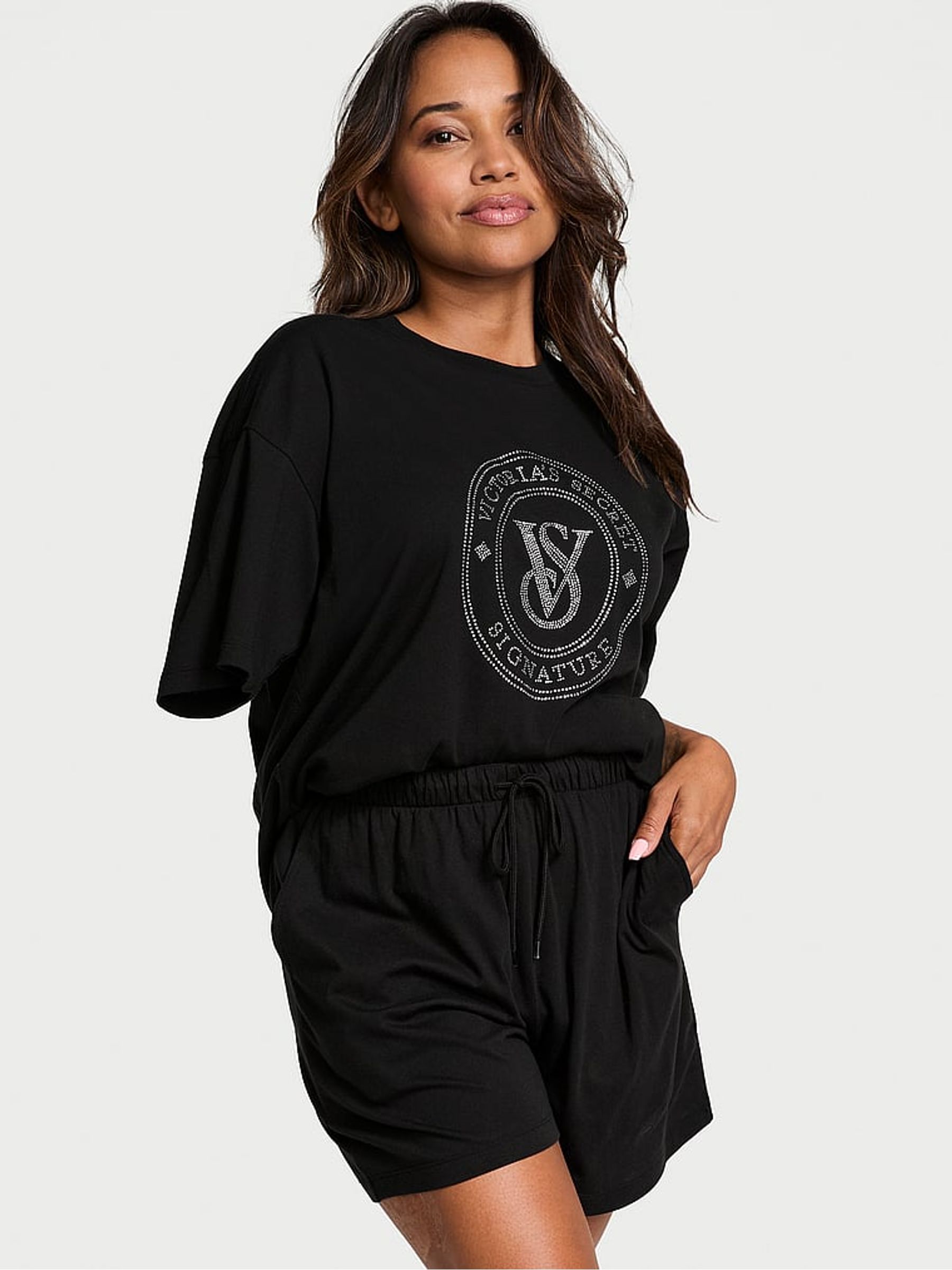 Black W/ Rhinestone Graphic Cotton Short Pyjama Set - Image 1 of 3