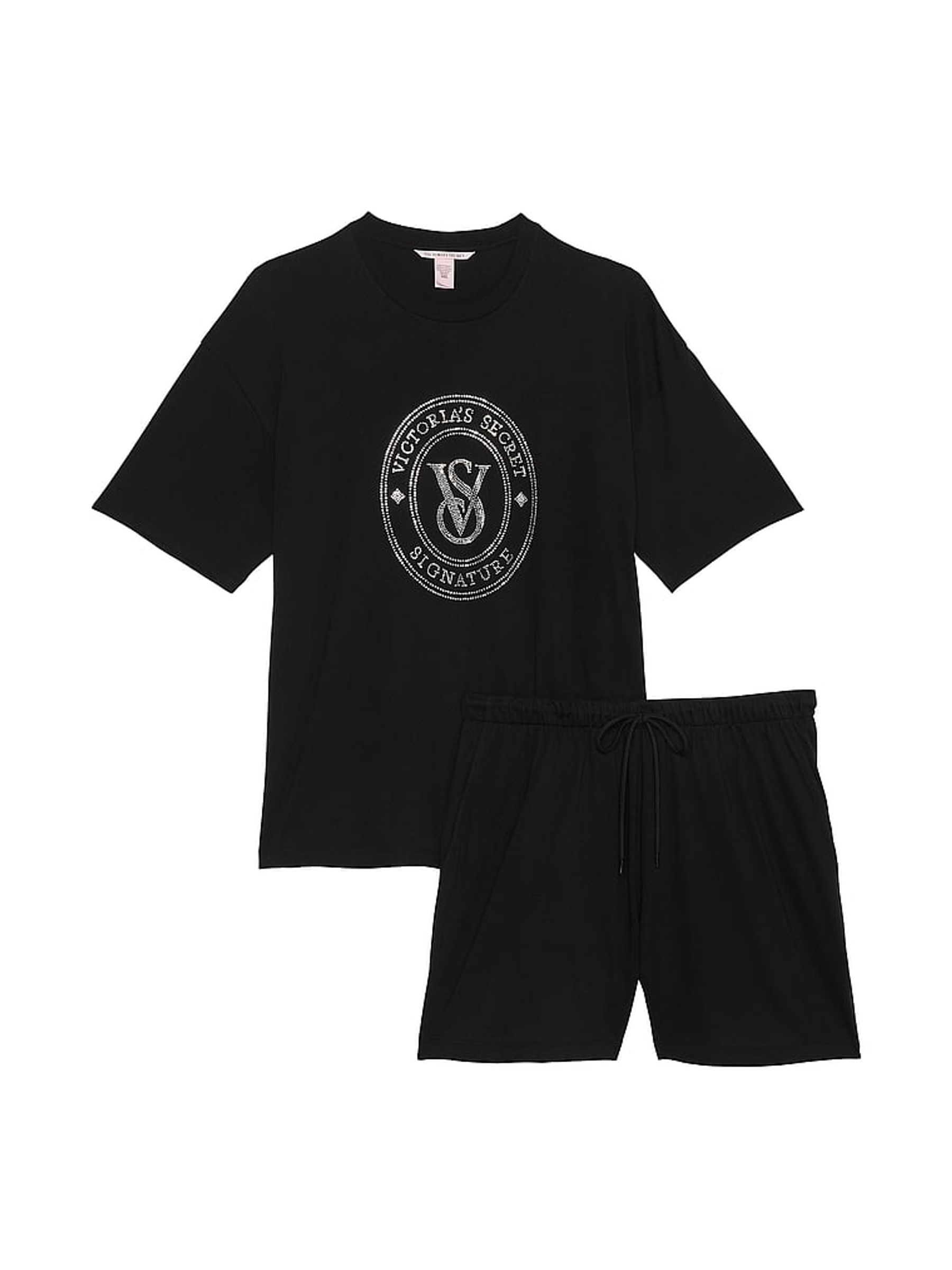 Black W/ Rhinestone Graphic Cotton Short Pyjama Set - Image 3 of 3