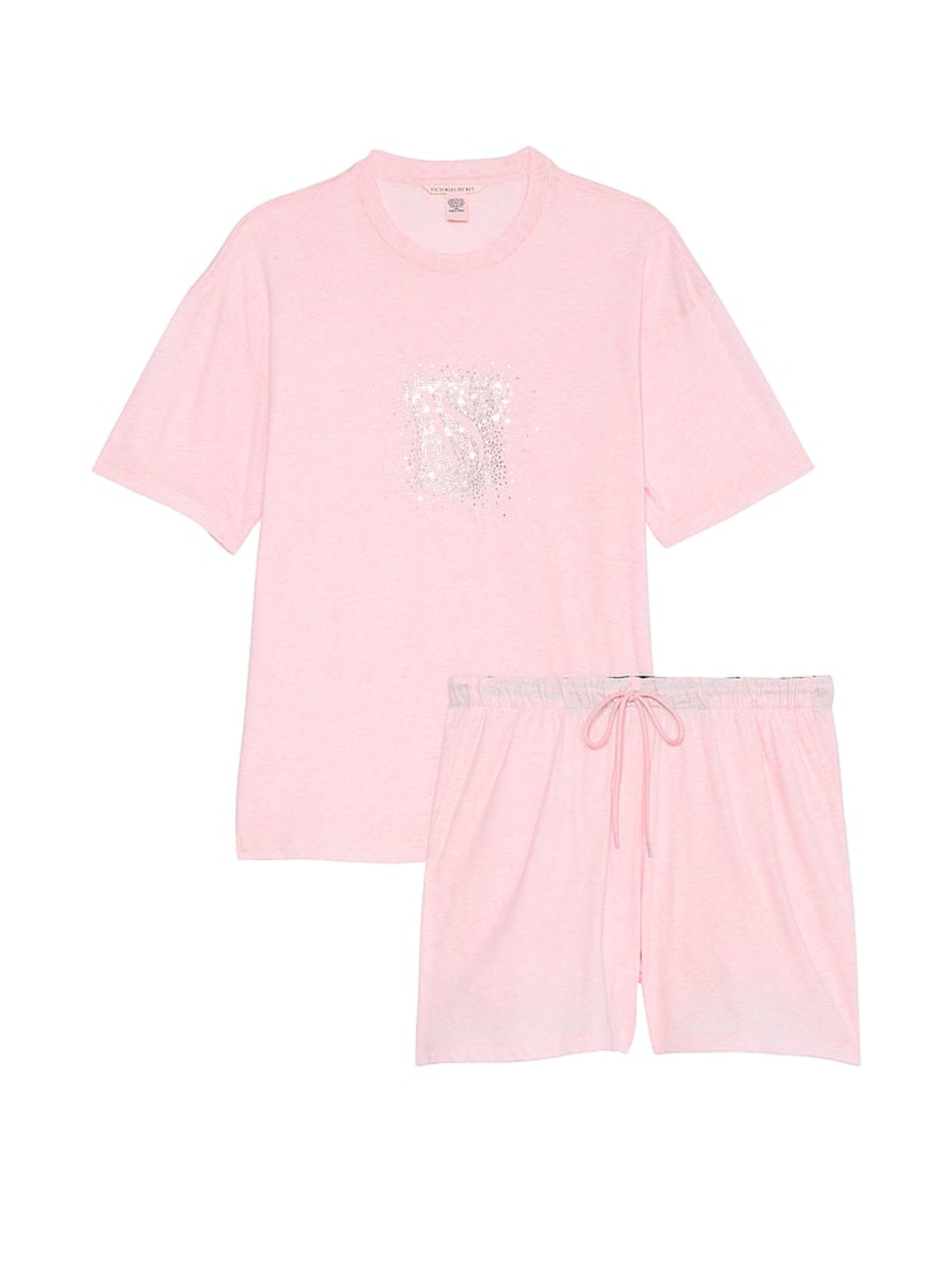 Pink W/ Rhinestone Graphic Cotton Short Pyjama Set - Image 3 of 3