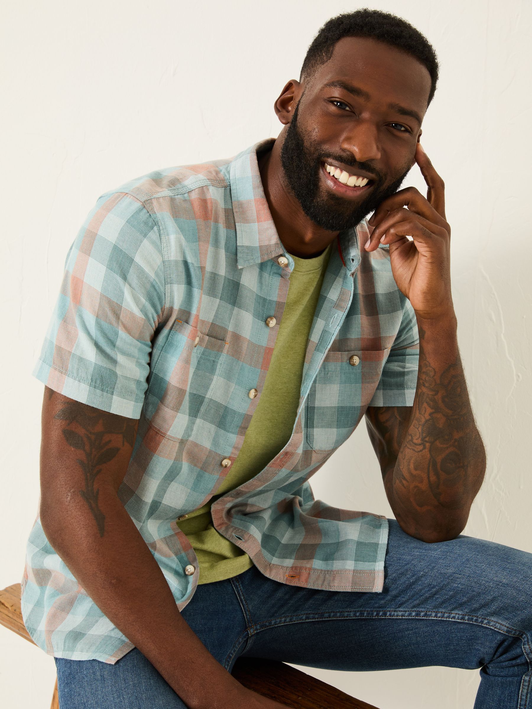 Pale Blue Short Sleeve Port Check Shirt - Image 3 of 5