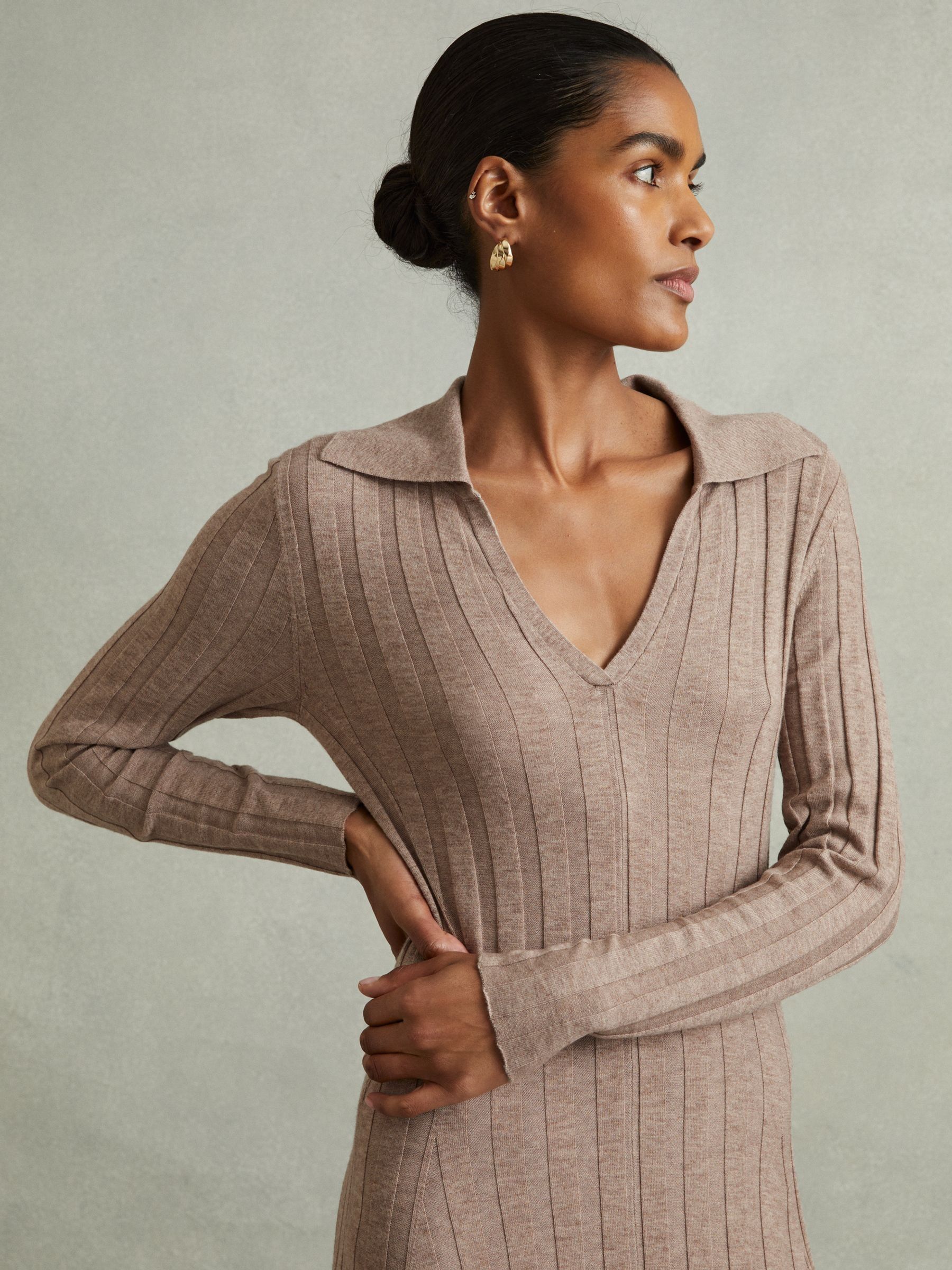 Knitted Open-Collar Midi Dress in Neutral - Image 3 of 6